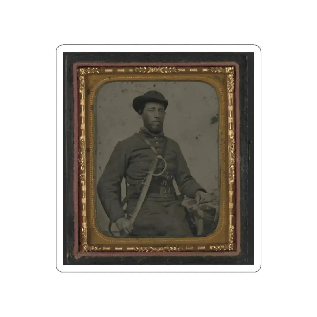 Unidentified Soldier In Confederate Uniform And Virginia Sword Belt Plate With Revolver And Cavalry Sword (U.S. Civil War) STICKER Vinyl Die-Cut Decal White Die-Cut 2 Inch - The Sticker Space