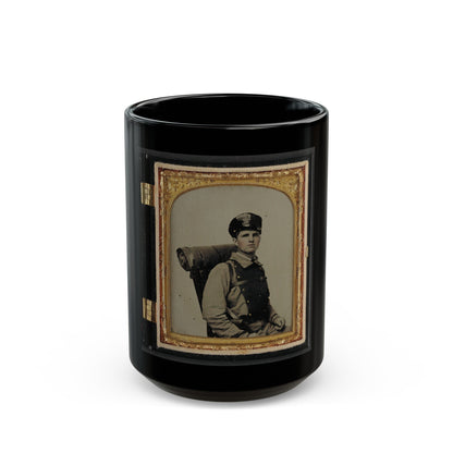 Unidentified Soldier In Confederate Uniform Of The 11th Virginia Regiment With Knapsack And Bedroll (U.S. Civil War) Black Coffee Mug-15oz-The Sticker Space