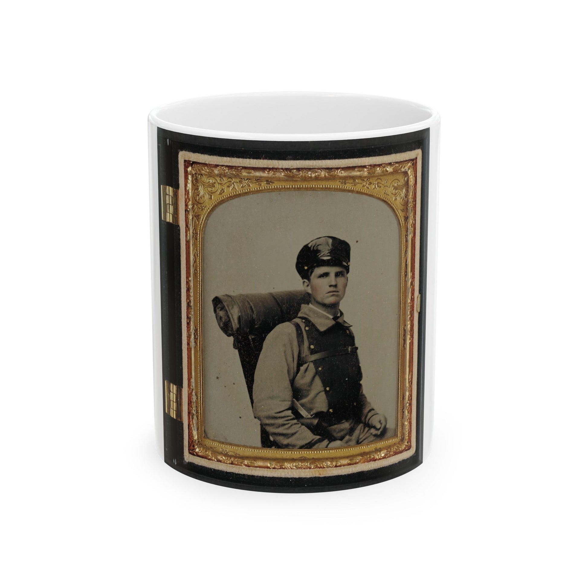 Unidentified Soldier In Confederate Uniform Of The 11th Virginia Regiment With Knapsack And Bedroll (U.S. Civil War) White Coffee Mug-11oz-The Sticker Space