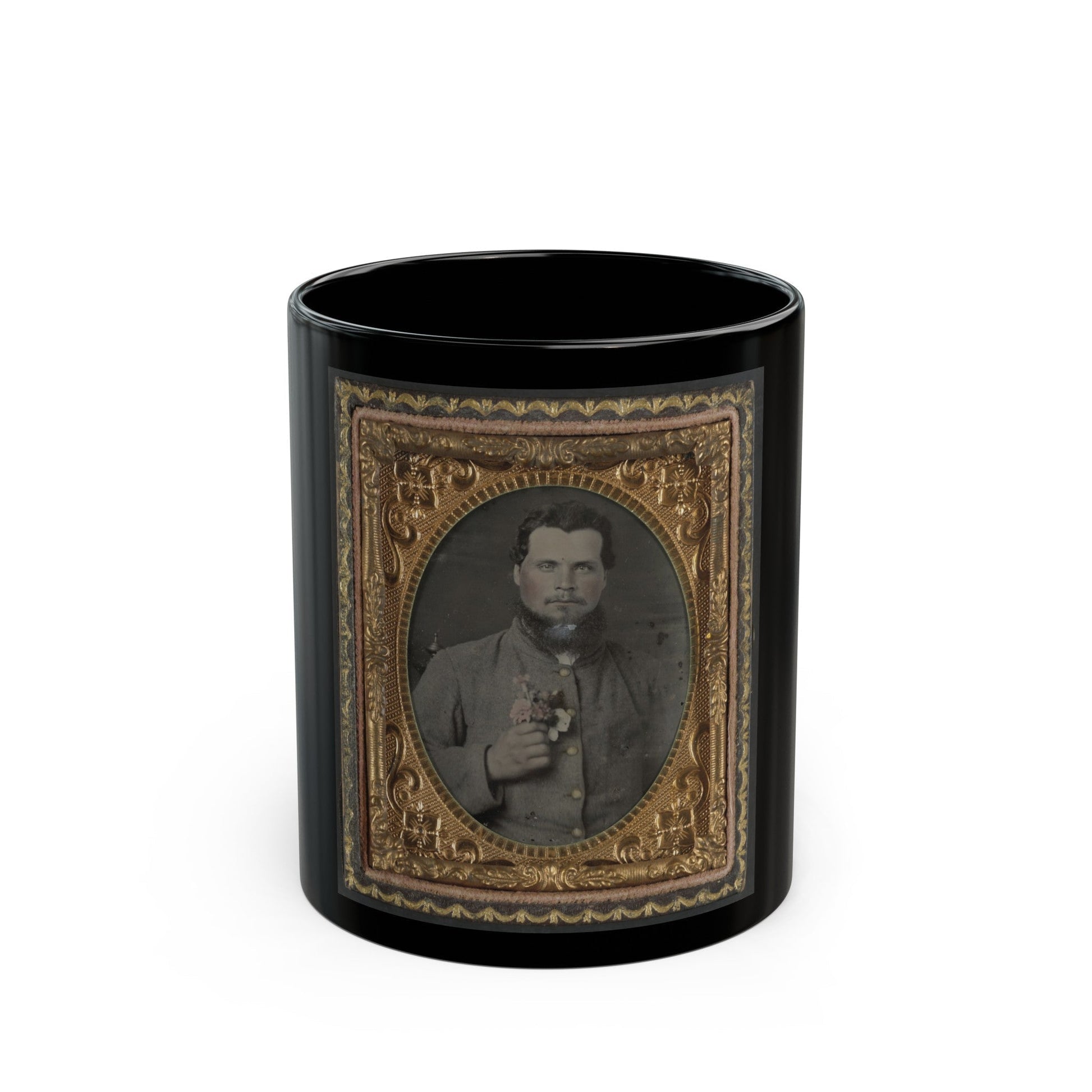 Unidentified Soldier In Confederate Uniform With Bouquet Of Flowers (U.S. Civil War) Black Coffee Mug-11oz-The Sticker Space