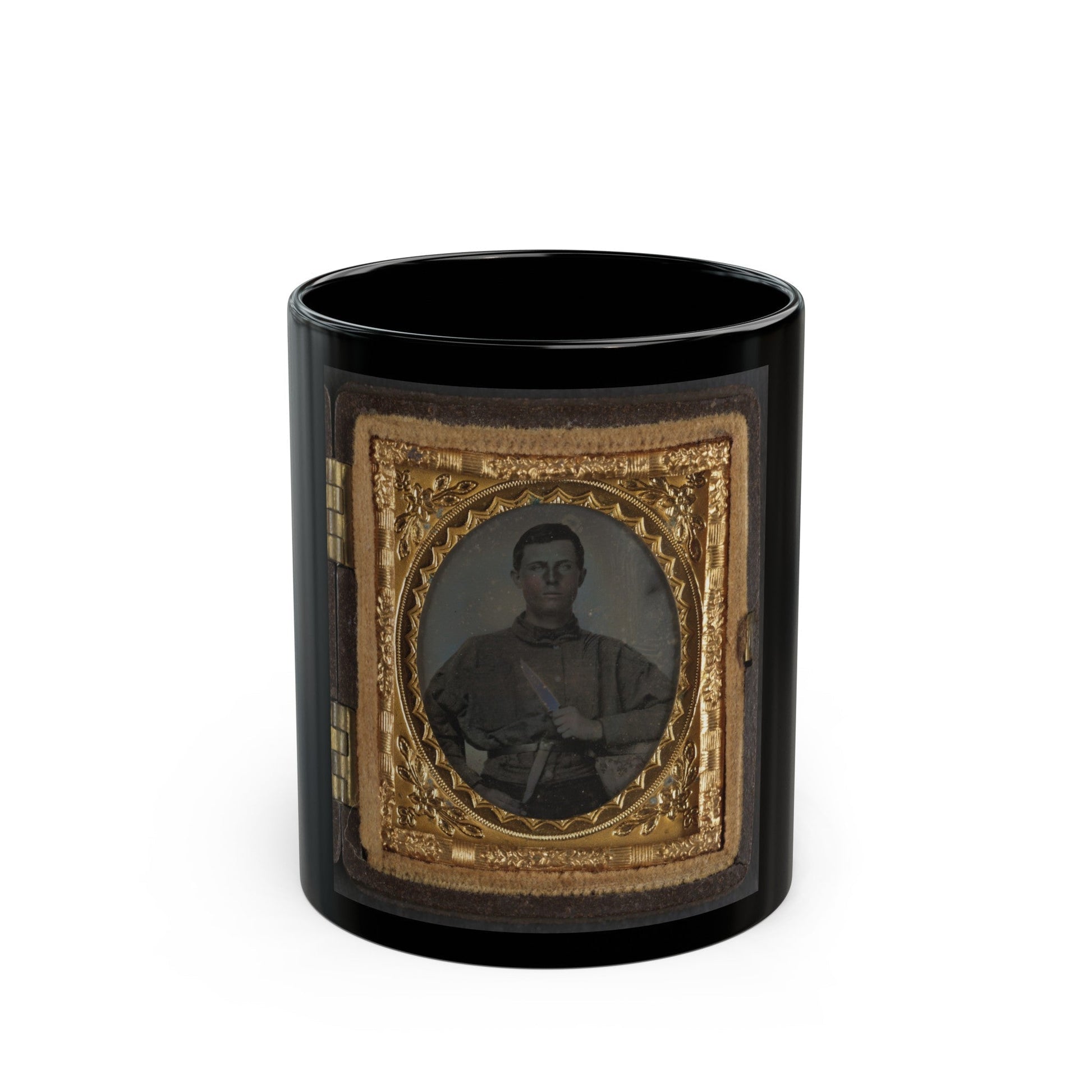 Unidentified Soldier In Confederate Uniform With Bowie Knife (2) (U.S. Civil War) Black Coffee Mug-11oz-The Sticker Space