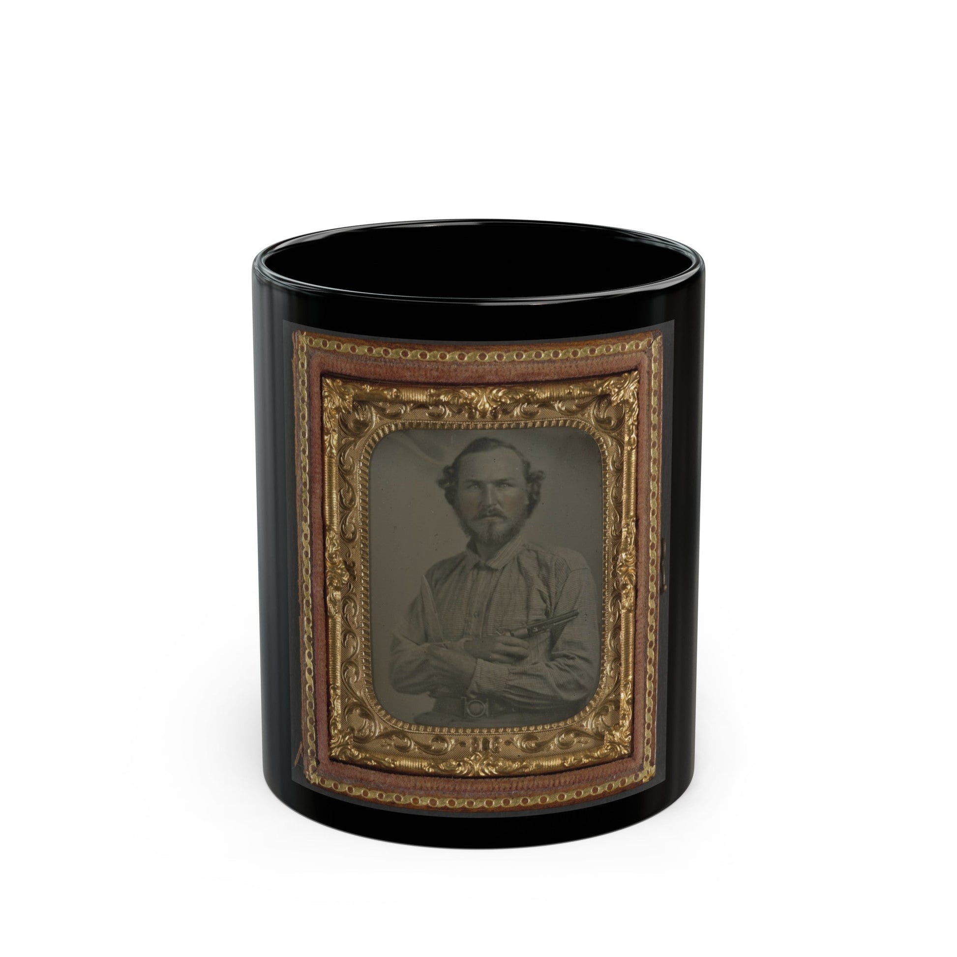 Unidentified Soldier In Confederate Uniform With Bowie Knife And Revolver (U.S. Civil War) Black Coffee Mug-11oz-The Sticker Space