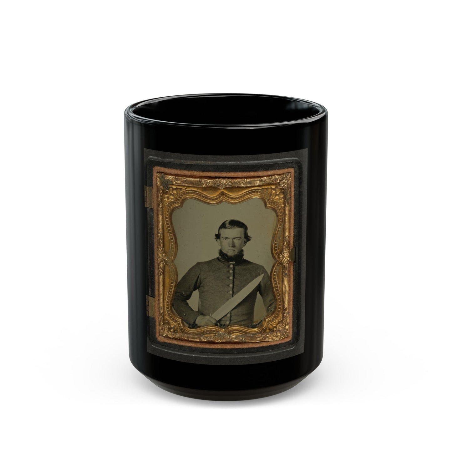 Unidentified Soldier In Confederate Uniform With Bowie Knife (U.S. Civil War) Black Coffee Mug-15oz-The Sticker Space