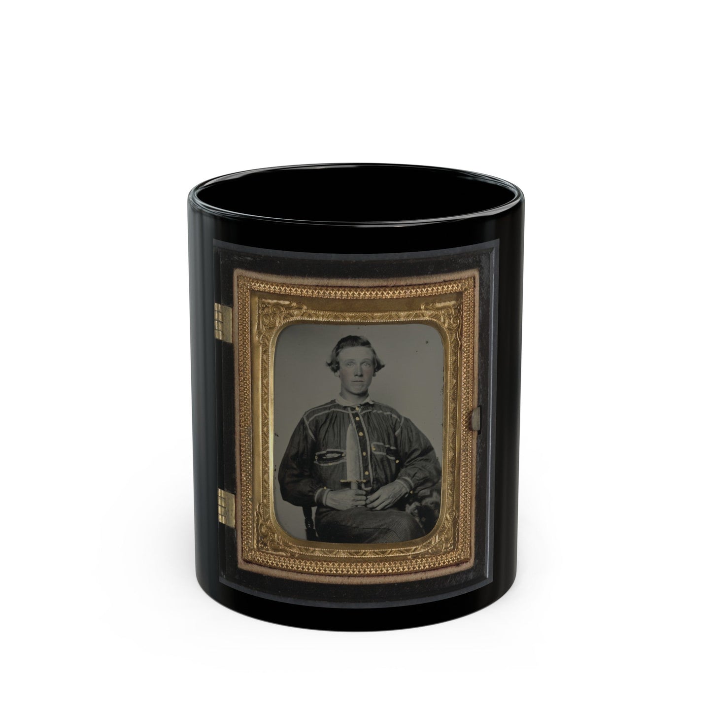 Unidentified Soldier In Confederate Uniform With Bowie Knife(2) (U.S. Civil War) Black Coffee Mug-11oz-The Sticker Space