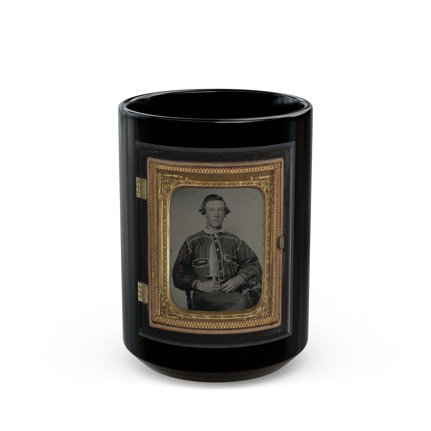 Unidentified Soldier In Confederate Uniform With Bowie Knife(2) (U.S. Civil War) Black Coffee Mug-15oz-The Sticker Space