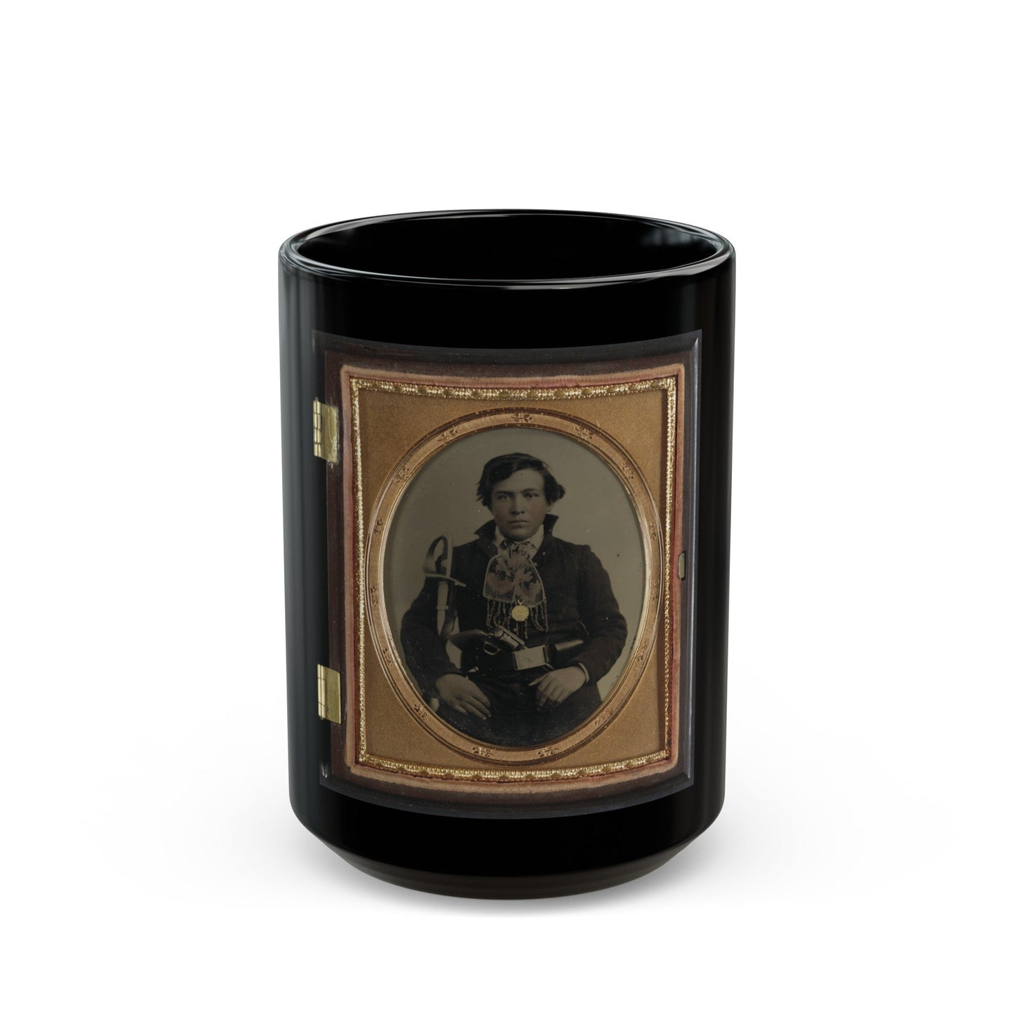 Unidentified Soldier In Confederate Uniform With Cavalry Sword And Revolver (U.S. Civil War) Black Coffee Mug-15oz-The Sticker Space