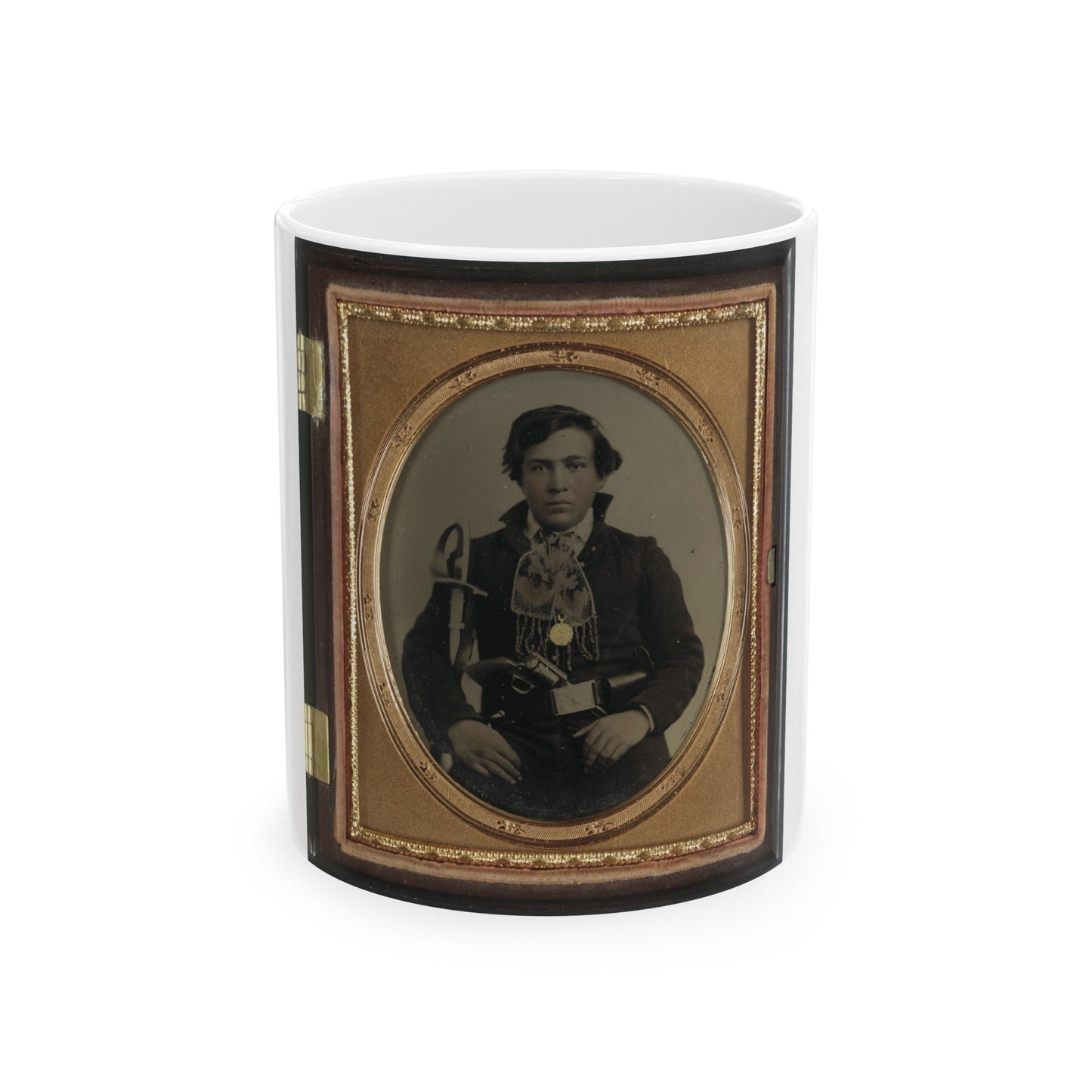 Unidentified Soldier In Confederate Uniform With Cavalry Sword And Revolver (U.S. Civil War) White Coffee Mug-11oz-The Sticker Space