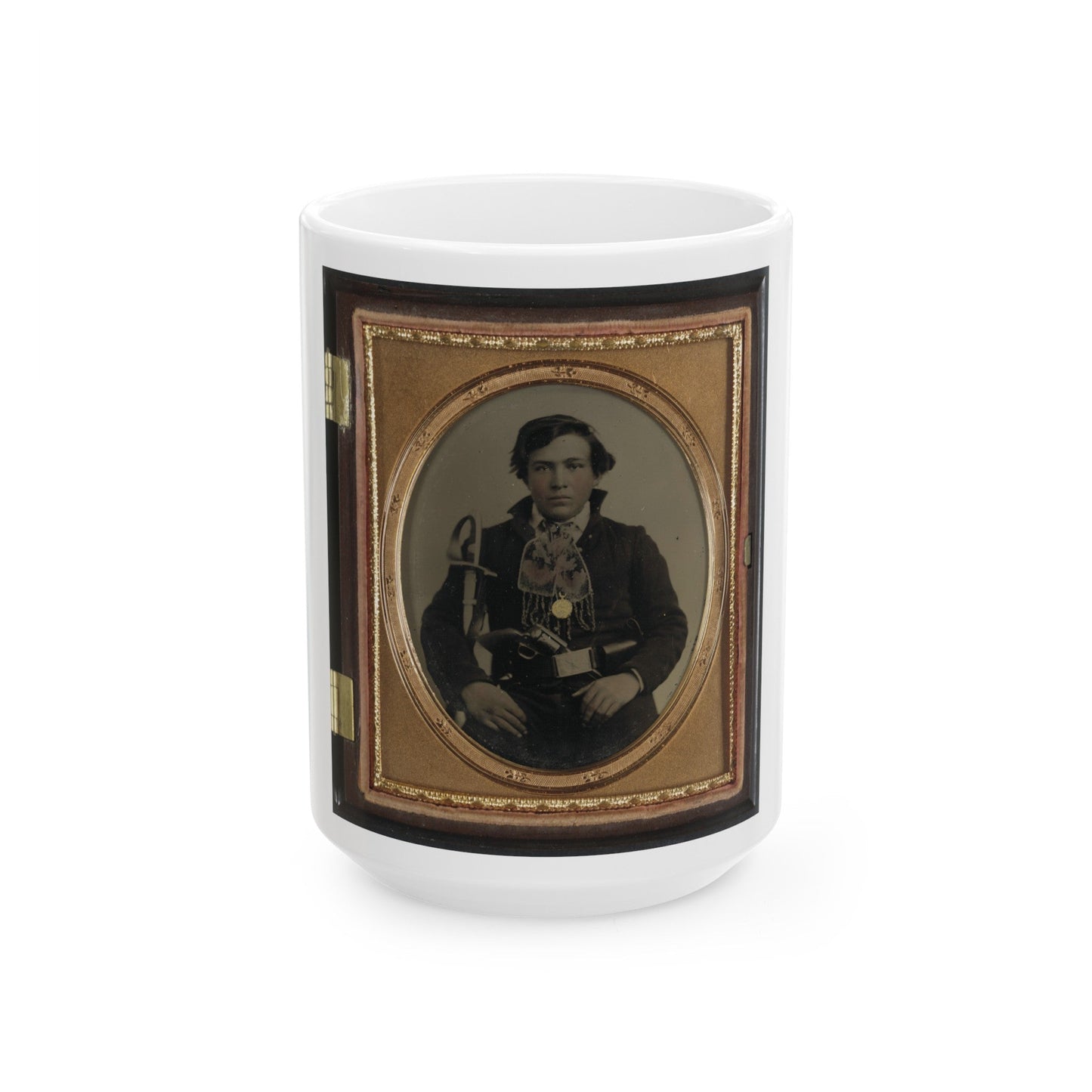 Unidentified Soldier In Confederate Uniform With Cavalry Sword And Revolver (U.S. Civil War) White Coffee Mug-15oz-The Sticker Space