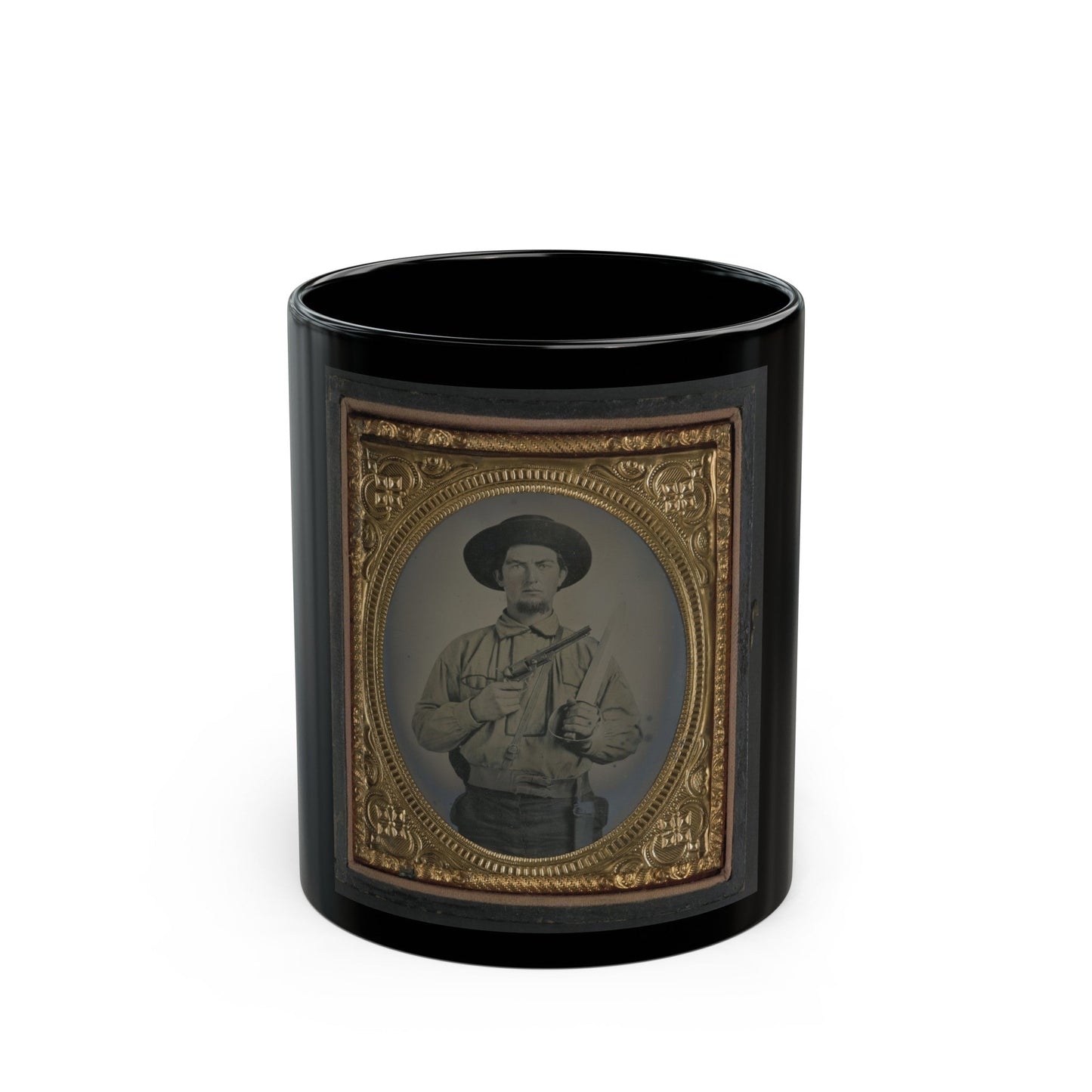 Unidentified Soldier In Confederate Uniform With Colt Navy Revolver And Double Handle D-Guard Bowie Knife (U.S. Civil War) Black Coffee Mug-11oz-The Sticker Space