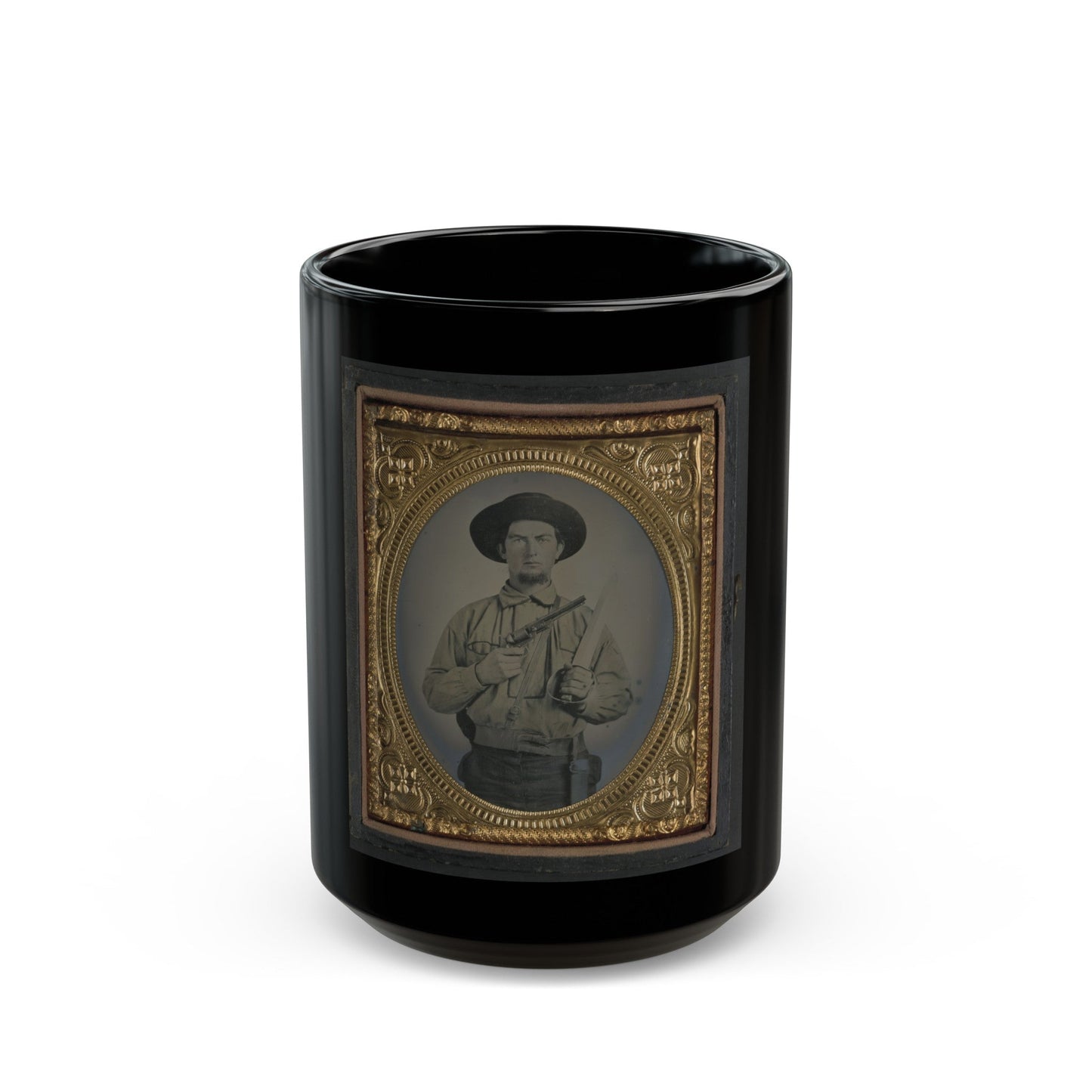 Unidentified Soldier In Confederate Uniform With Colt Navy Revolver And Double Handle D-Guard Bowie Knife (U.S. Civil War) Black Coffee Mug-15oz-The Sticker Space