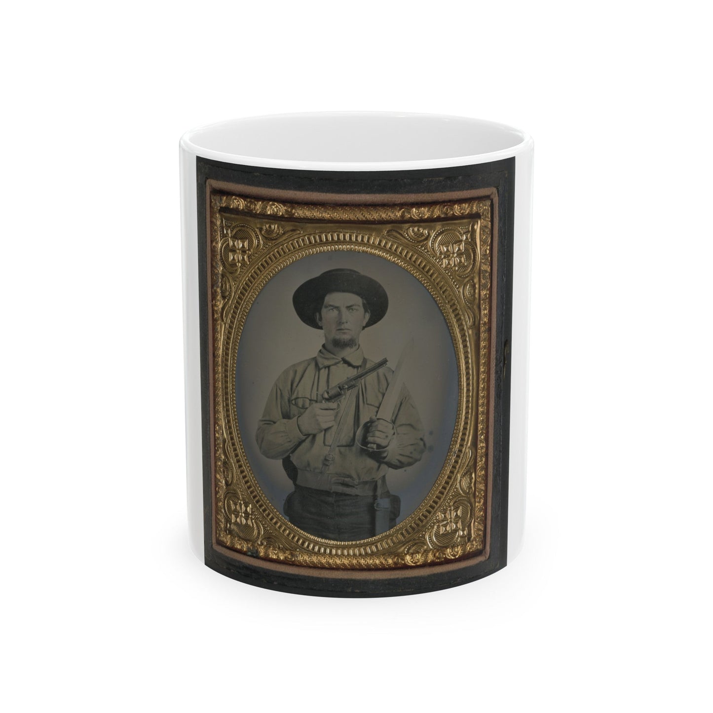 Unidentified Soldier In Confederate Uniform With Colt Navy Revolver And Double Handle D-Guard Bowie Knife (U.S. Civil War) White Coffee Mug-11oz-The Sticker Space