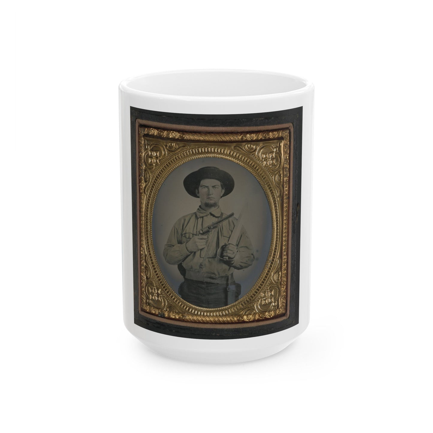 Unidentified Soldier In Confederate Uniform With Colt Navy Revolver And Double Handle D-Guard Bowie Knife (U.S. Civil War) White Coffee Mug-15oz-The Sticker Space