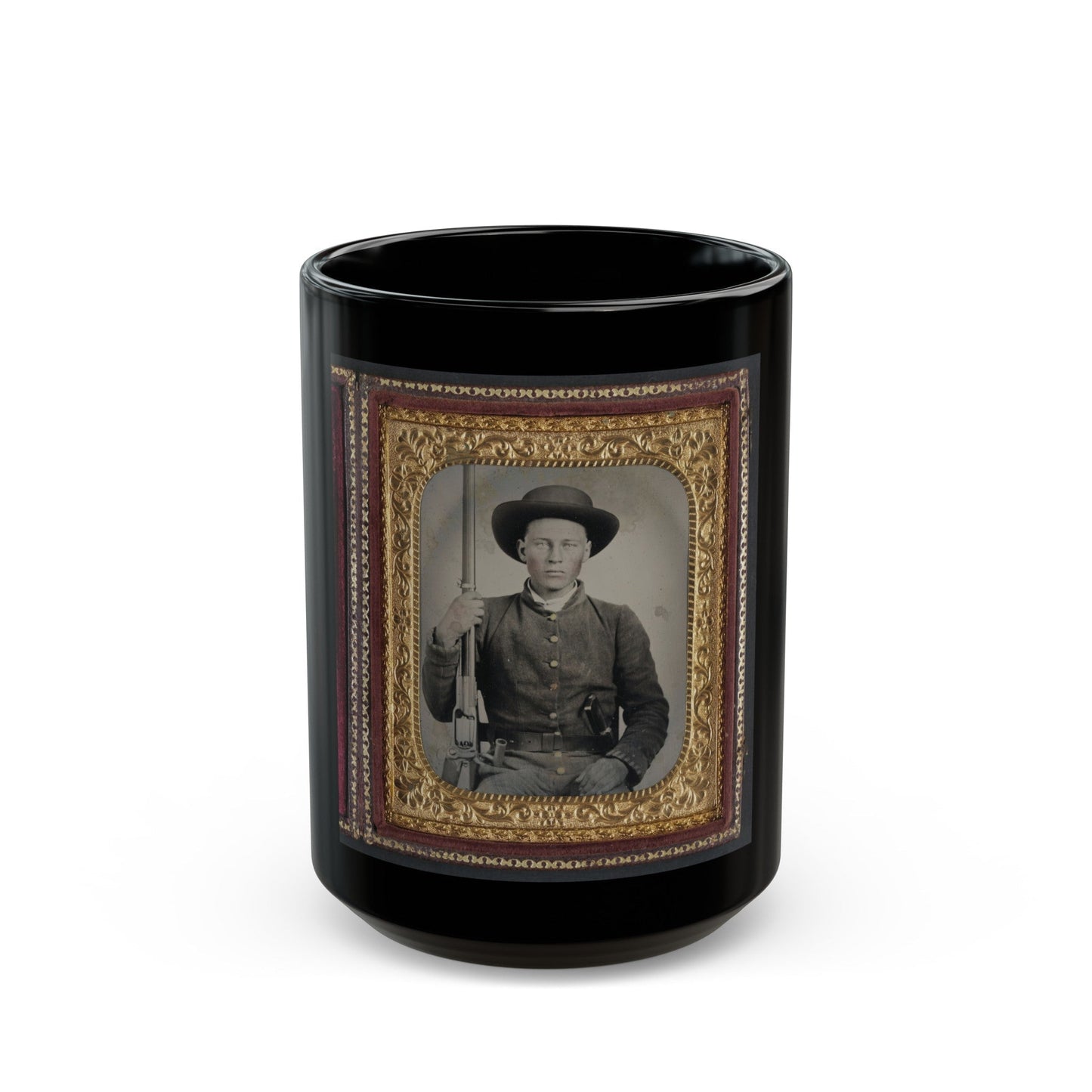 Unidentified Soldier In Confederate Uniform With Colt Revolving Rifle And D-Guard Bowie Knife (U.S. Civil War) Black Coffee Mug-15oz-The Sticker Space