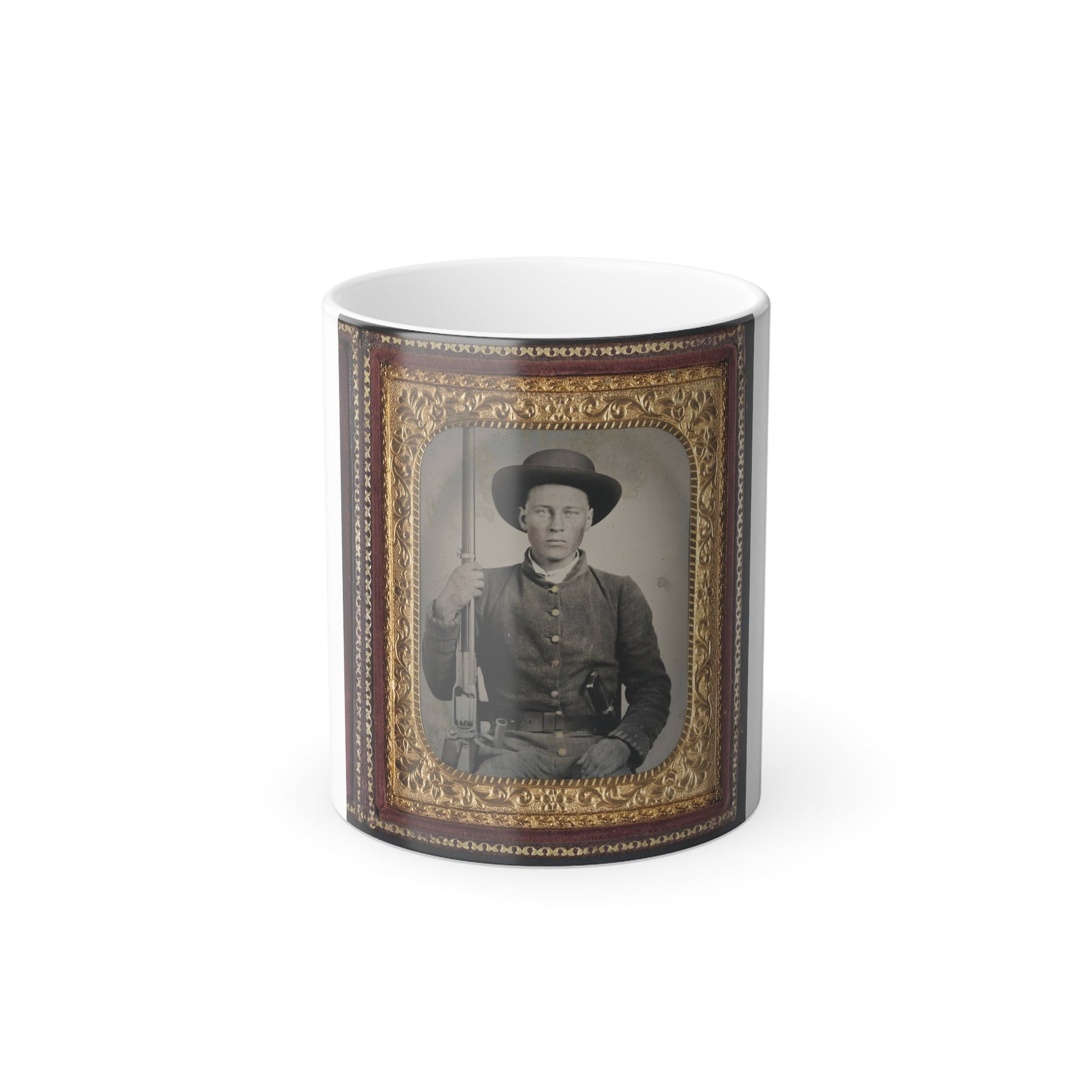 Unidentified Soldier in Confederate Uniform With Colt Revolving Rifle and D-Guard Bowie Knife (U.S. Civil War) Color Morphing Mug 11oz-11oz-The Sticker Space