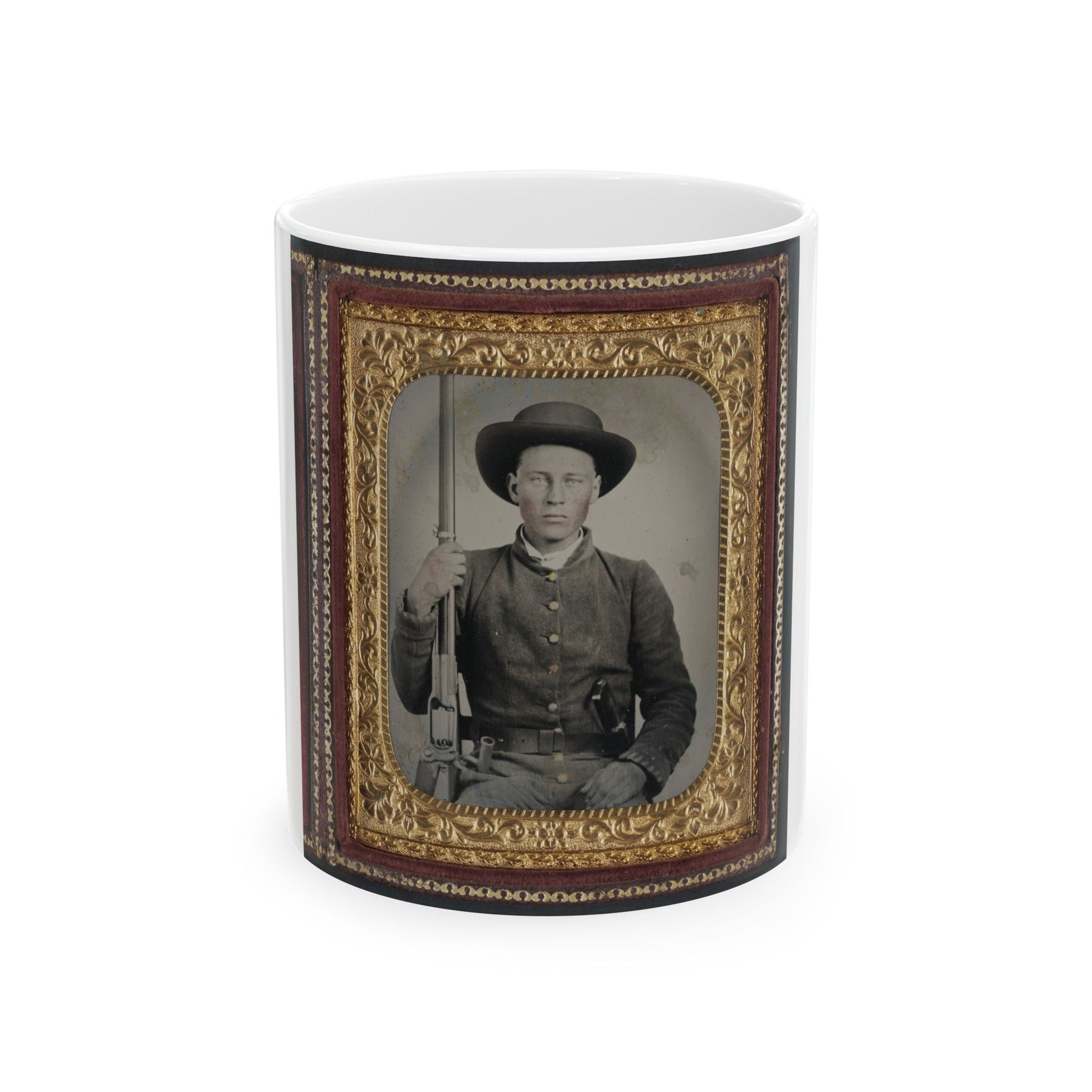 Unidentified Soldier In Confederate Uniform With Colt Revolving Rifle And D-Guard Bowie Knife (U.S. Civil War) White Coffee Mug-11oz-The Sticker Space