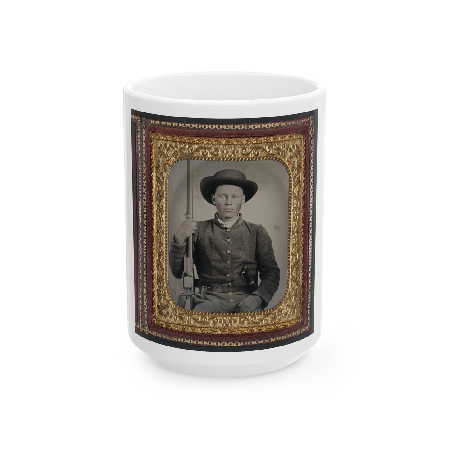 Unidentified Soldier In Confederate Uniform With Colt Revolving Rifle And D-Guard Bowie Knife (U.S. Civil War) White Coffee Mug-15oz-The Sticker Space