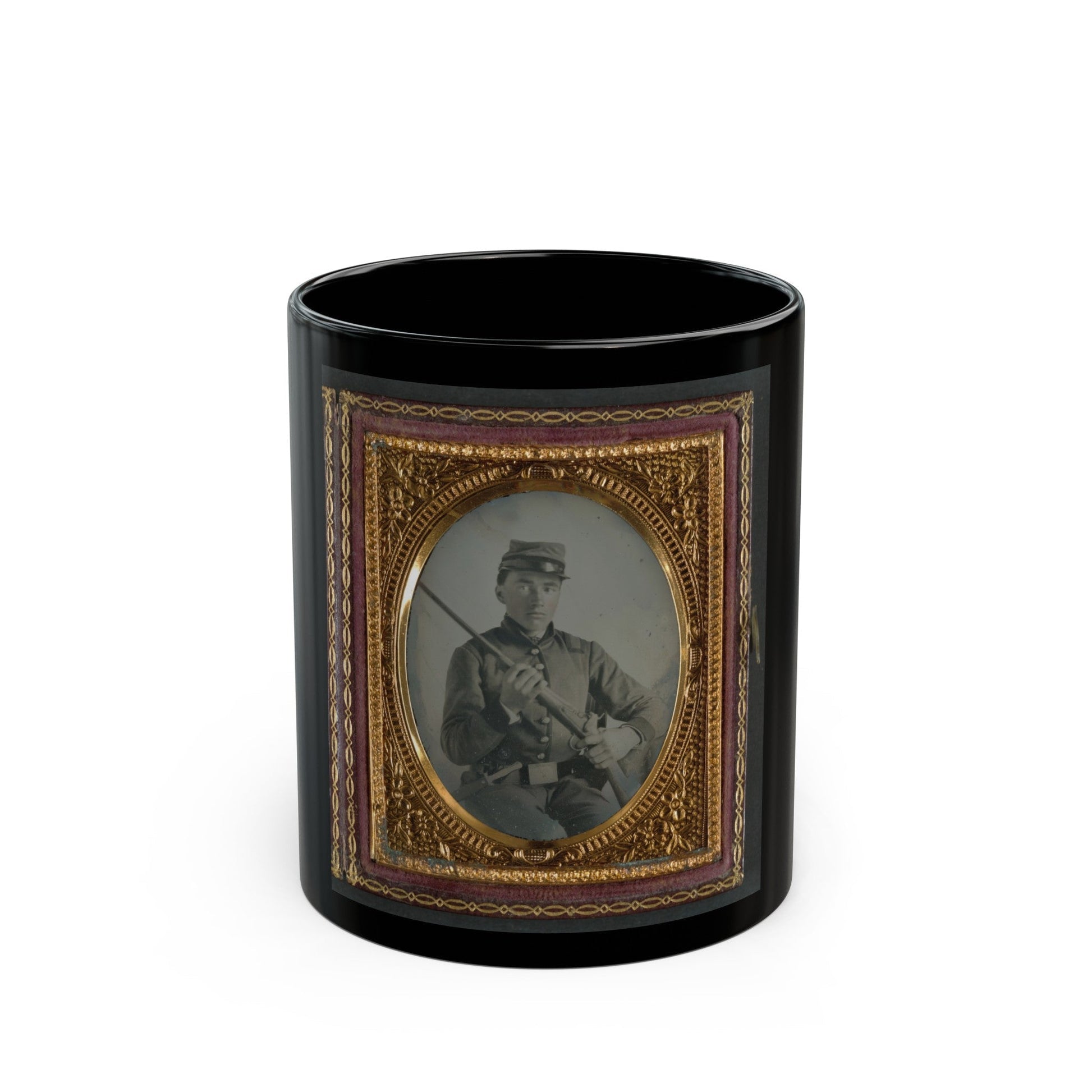 Unidentified Soldier In Confederate Uniform With Conversion Musket And Small Bowie Knife (U.S. Civil War) Black Coffee Mug-11oz-The Sticker Space