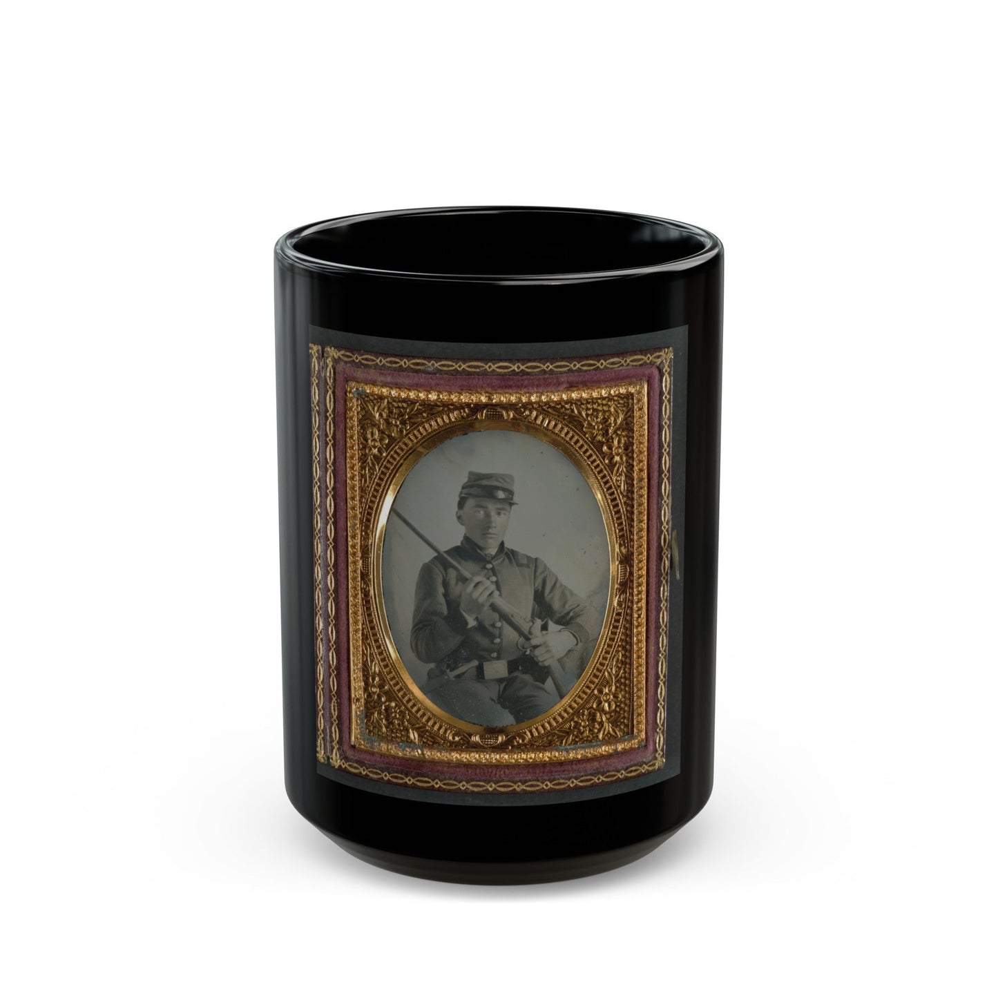 Unidentified Soldier In Confederate Uniform With Conversion Musket And Small Bowie Knife (U.S. Civil War) Black Coffee Mug-15oz-The Sticker Space