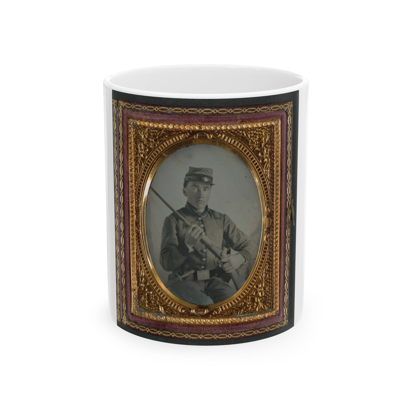 Unidentified Soldier In Confederate Uniform With Conversion Musket And Small Bowie Knife (U.S. Civil War) White Coffee Mug-11oz-The Sticker Space