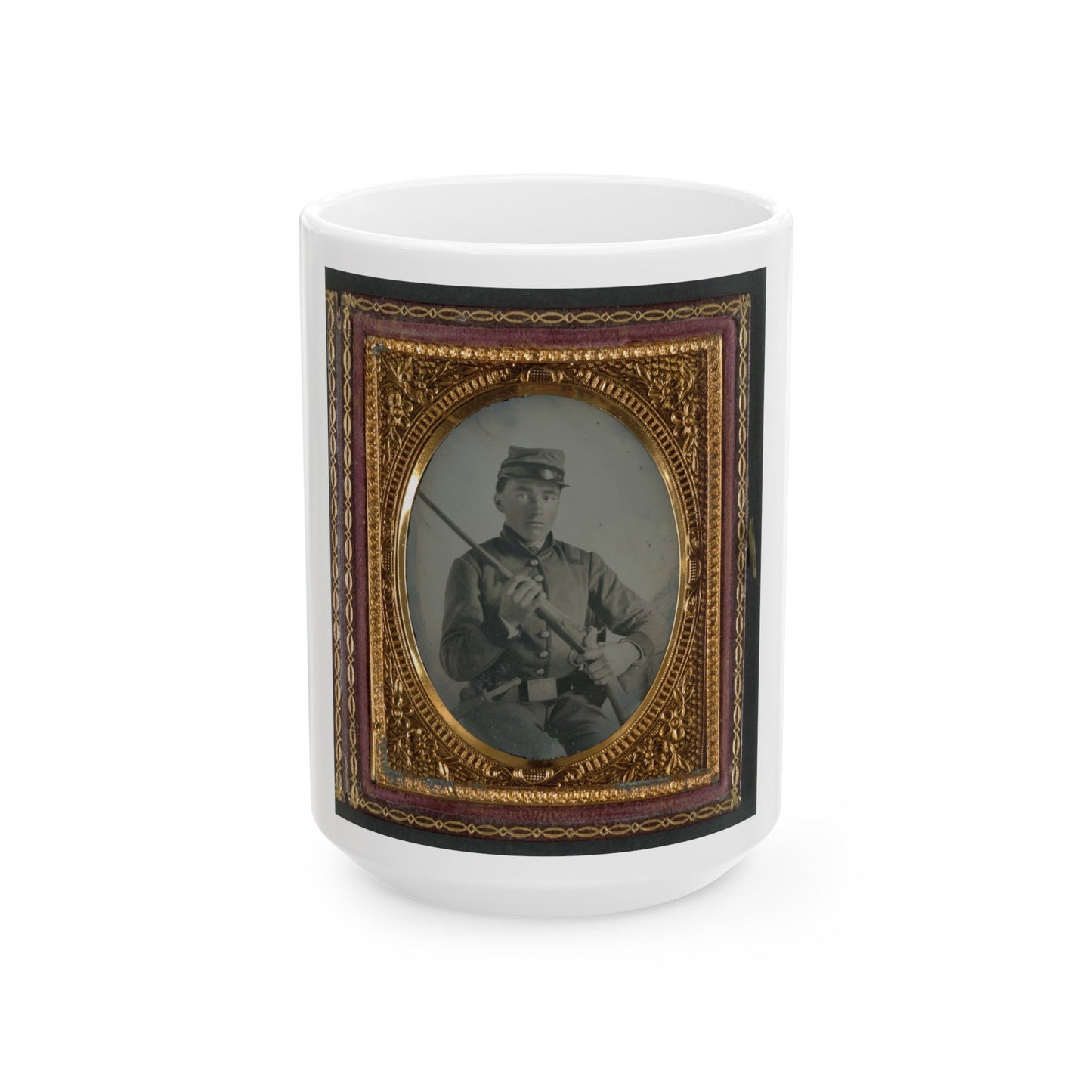 Unidentified Soldier In Confederate Uniform With Conversion Musket And Small Bowie Knife (U.S. Civil War) White Coffee Mug-15oz-The Sticker Space