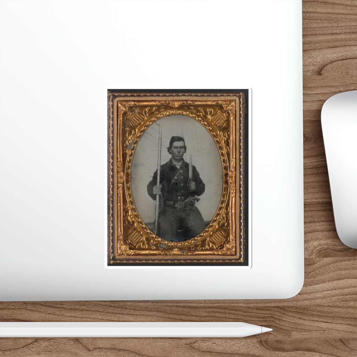 Unidentified Soldier In Confederate Uniform With D-Guard Bowie Knife, Musket, And Revolver (U.S. Civil War) STICKER Vinyl Die-Cut Decal-The Sticker Space