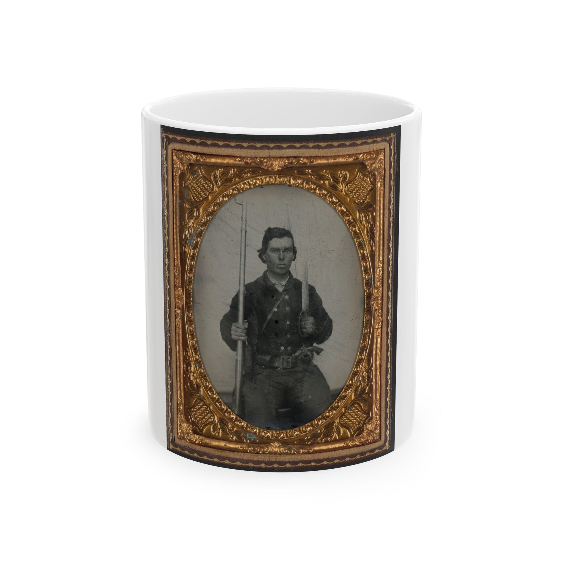 Unidentified Soldier In Confederate Uniform With D-Guard Bowie Knife, Musket, And Revolver (U.S. Civil War) White Coffee Mug-11oz-The Sticker Space