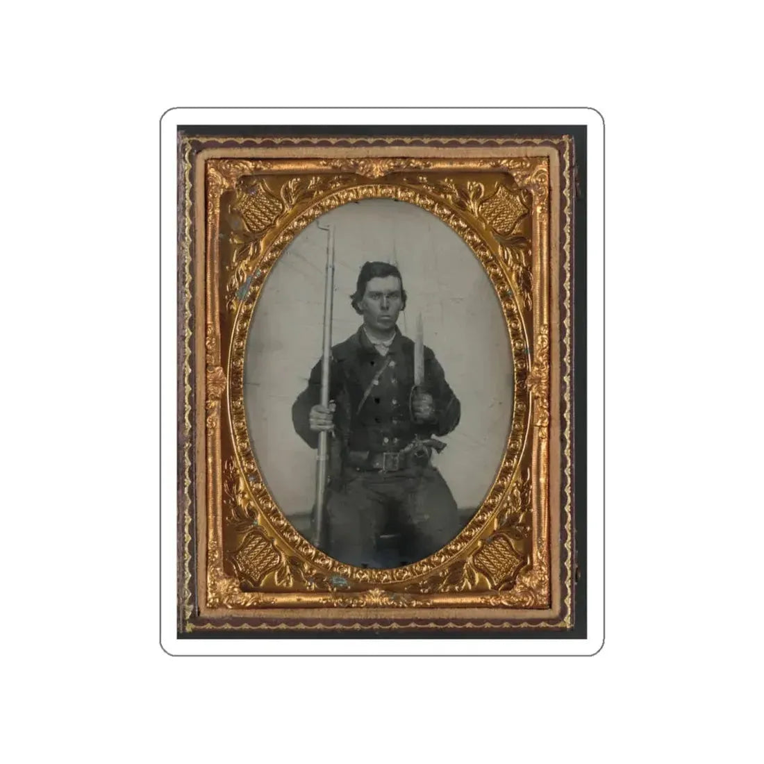 Unidentified Soldier In Confederate Uniform With D-Guard Bowie Knife, Musket, And Revolver (U.S. Civil War) STICKER Vinyl Die-Cut Decal White Die-Cut 6 Inch - The Sticker Space