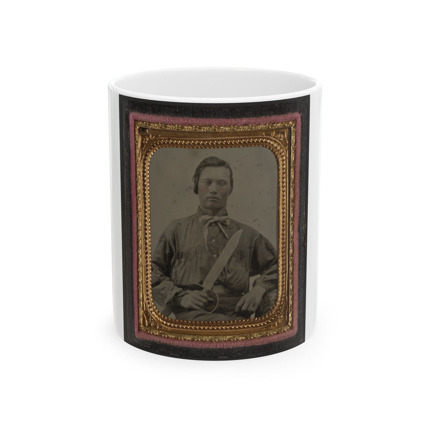 Unidentified Soldier In Confederate Uniform With D Guard Bowie Knife (U.S. Civil War) White Coffee Mug-11oz-The Sticker Space