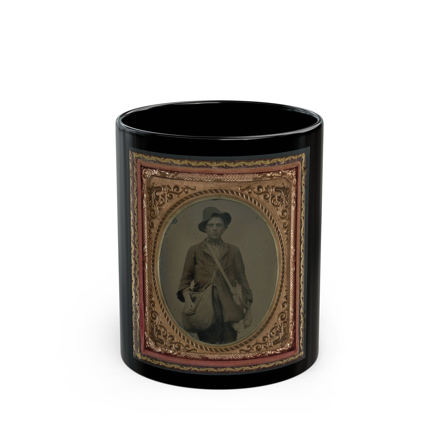 Unidentified Soldier In Confederate Uniform With Gardner Patent Canteen And Haversack (U.S. Civil War) Black Coffee Mug-11oz-The Sticker Space