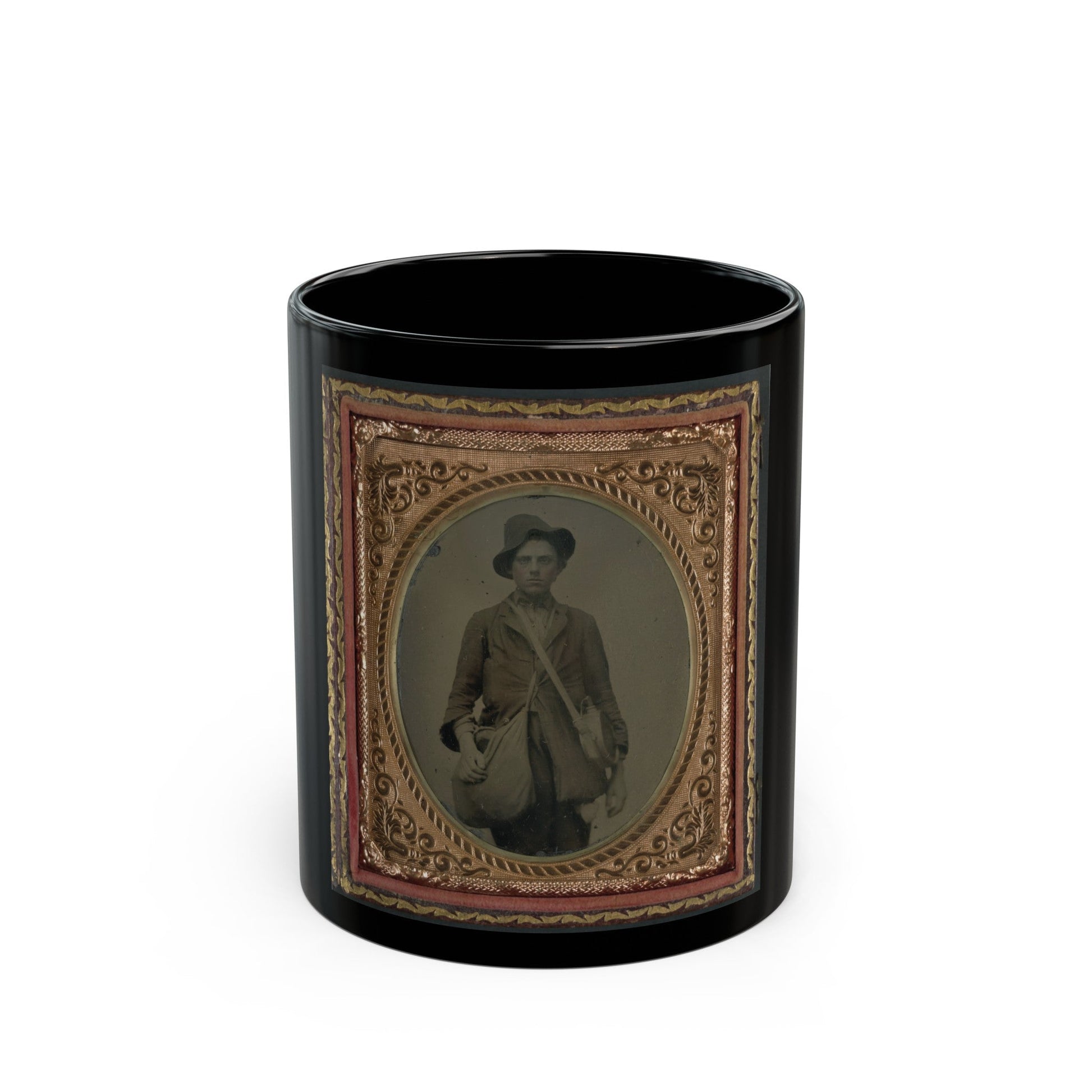 Unidentified Soldier In Confederate Uniform With Gardner Patent Canteen And Haversack (U.S. Civil War) Black Coffee Mug-11oz-The Sticker Space