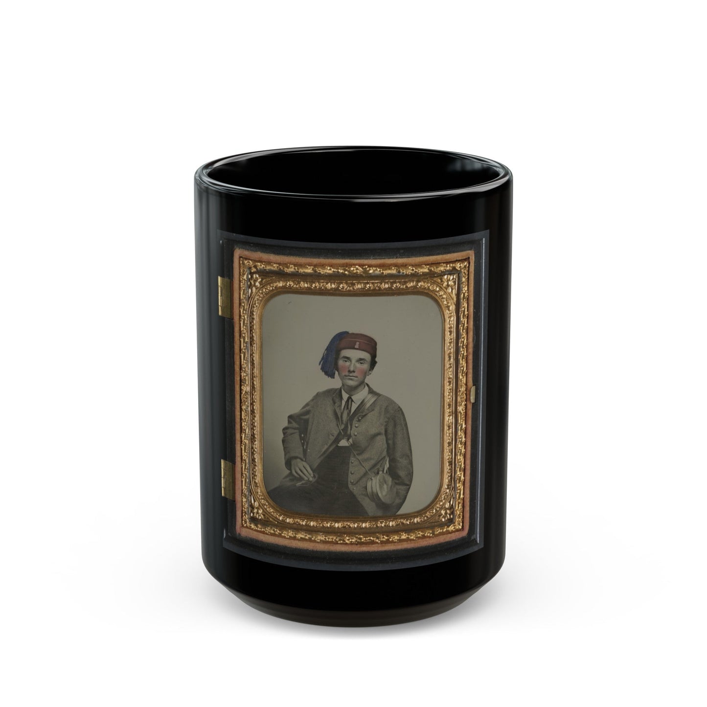 Unidentified Soldier In Confederate Uniform With I Buttons And Company B Hat With Tin Drum Canteen (U.S. Civil War) Black Coffee Mug-15oz-The Sticker Space