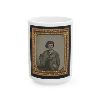 Unidentified Soldier In Confederate Uniform With I Buttons And Company B Hat With Tin Drum Canteen (U.S. Civil War) White Coffee Mug-15oz-The Sticker Space