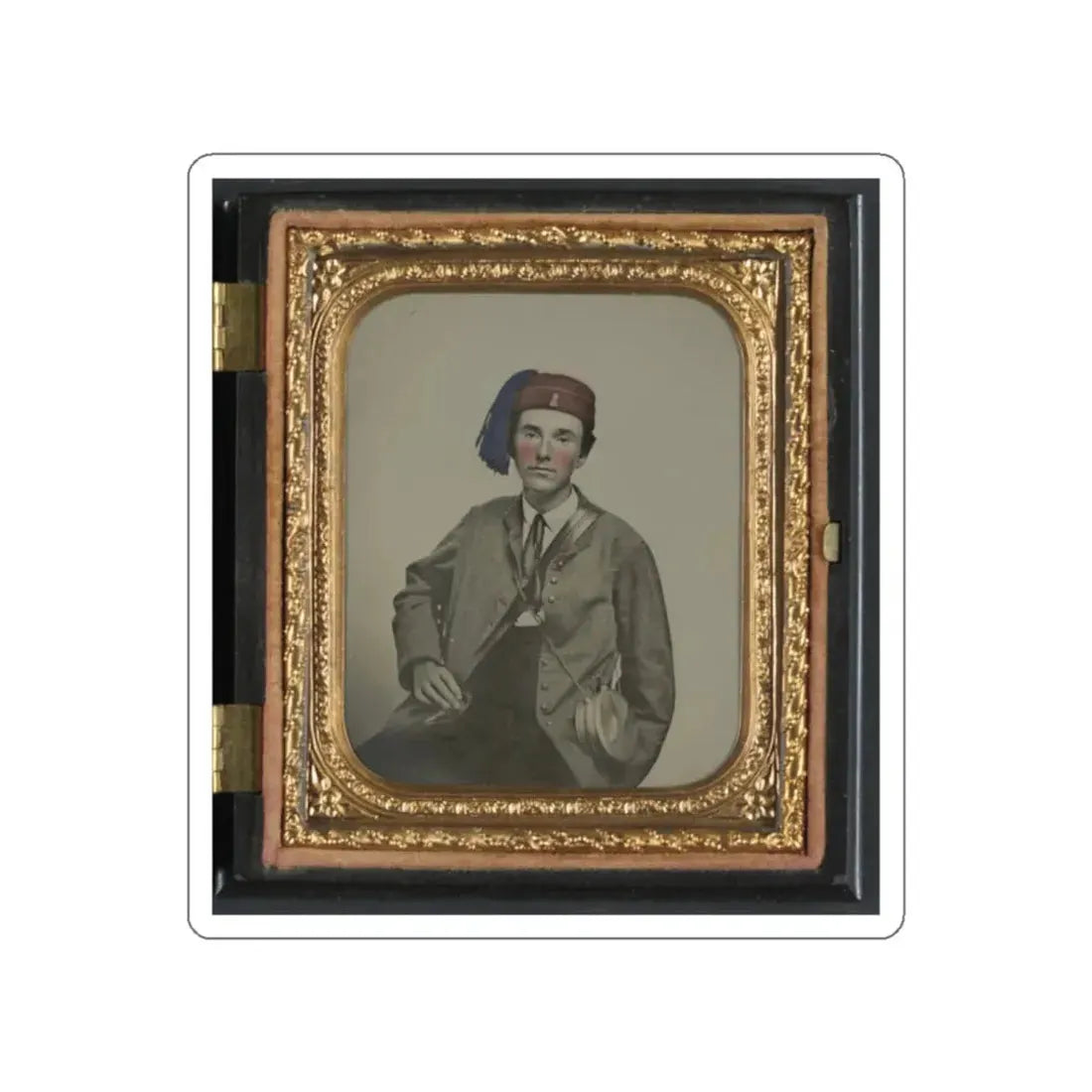 Unidentified Soldier In Confederate Uniform With  I  Buttons And Company B Hat With Tin Drum Canteen (U.S. Civil War) STICKER Vinyl Die-Cut Decal White Die-Cut 2 Inch - The Sticker Space
