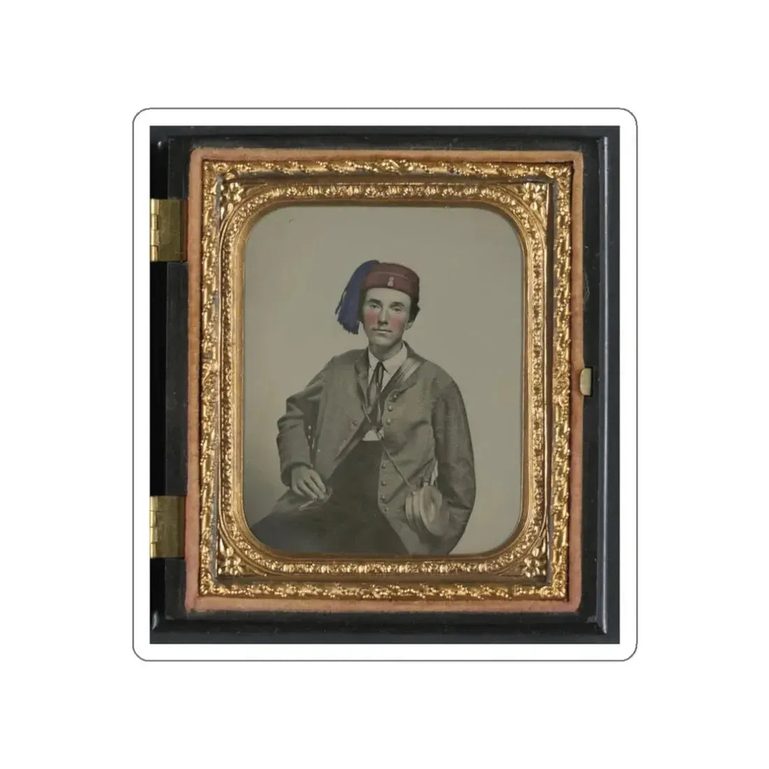Unidentified Soldier In Confederate Uniform With  I  Buttons And Company B Hat With Tin Drum Canteen (U.S. Civil War) STICKER Vinyl Die-Cut Decal White Die-Cut 3 Inch - The Sticker Space