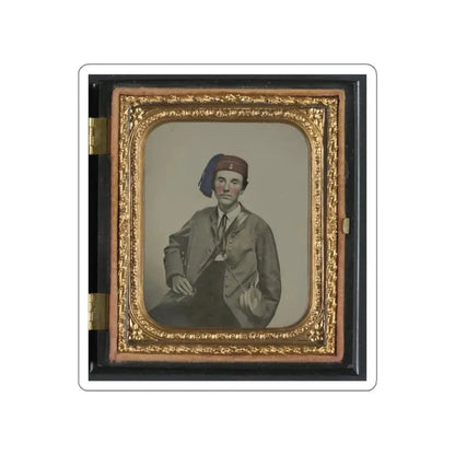 Unidentified Soldier In Confederate Uniform With  I  Buttons And Company B Hat With Tin Drum Canteen (U.S. Civil War) STICKER Vinyl Die-Cut Decal White Die-Cut 4 Inch - The Sticker Space
