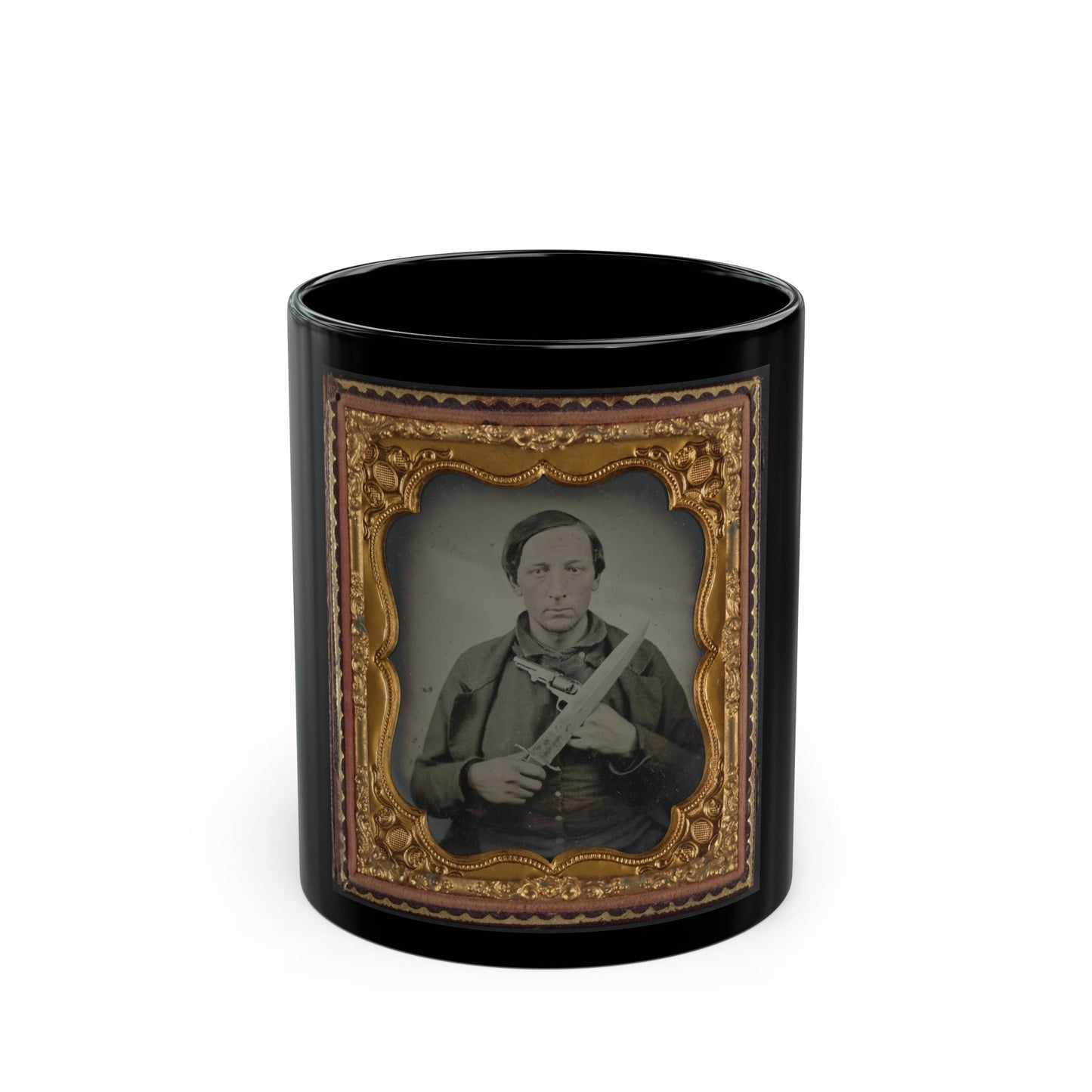 Unidentified Soldier In Confederate Uniform With Knife And Revolver (U.S. Civil War) Black Coffee Mug-11oz-The Sticker Space