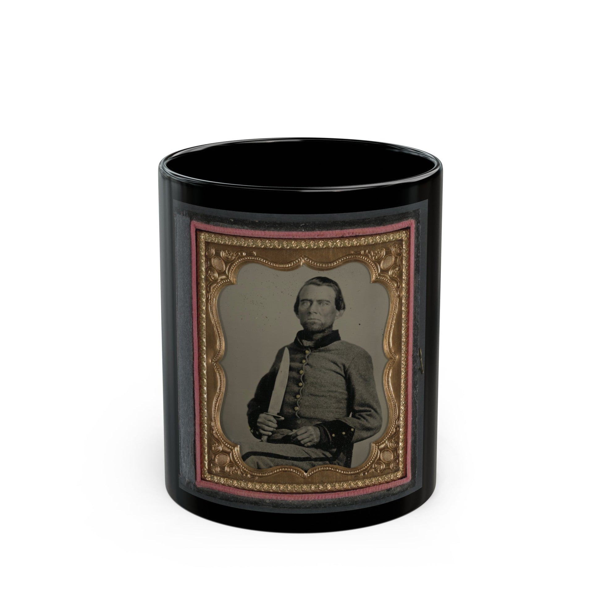 Unidentified Soldier In Confederate Uniform With Large Bowie Knife (U.S. Civil War) Black Coffee Mug-11oz-The Sticker Space