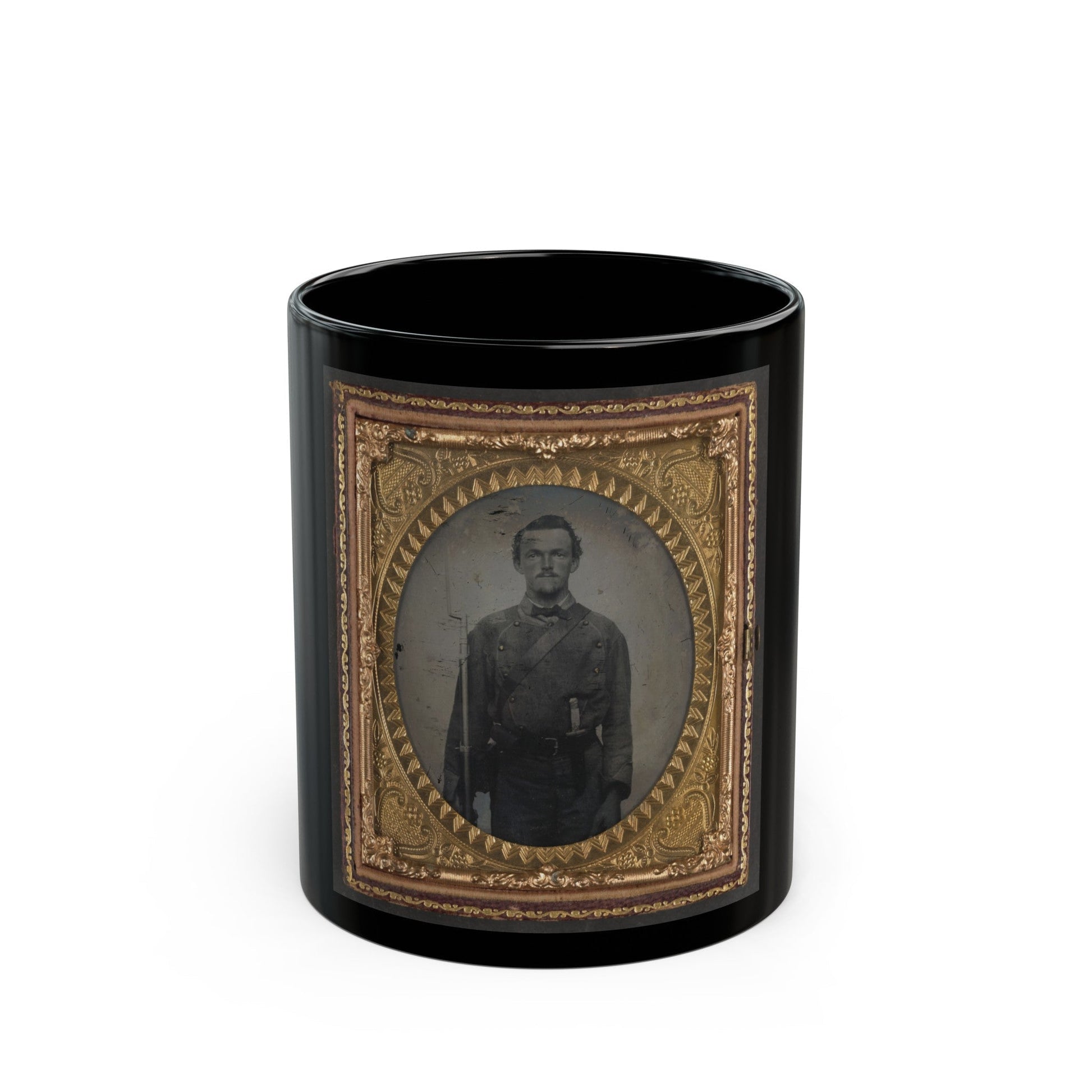 Unidentified Soldier In Confederate Uniform With Musket And Bowie Knife (U.S. Civil War) Black Coffee Mug-11oz-The Sticker Space