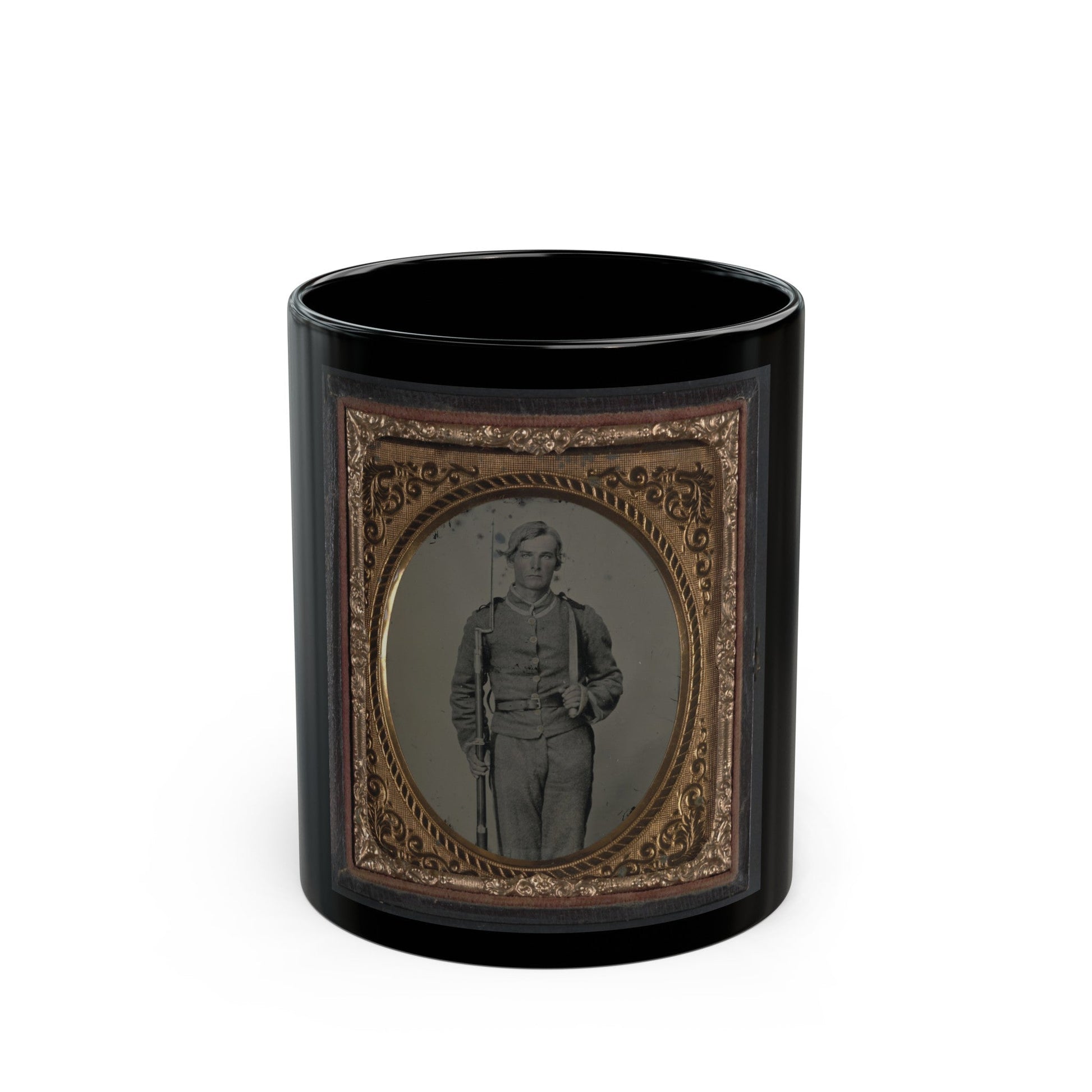 Unidentified Soldier In Confederate Uniform With Musket And D-Guard Bowie Knife (U.S. Civil War) Black Coffee Mug-11oz-The Sticker Space