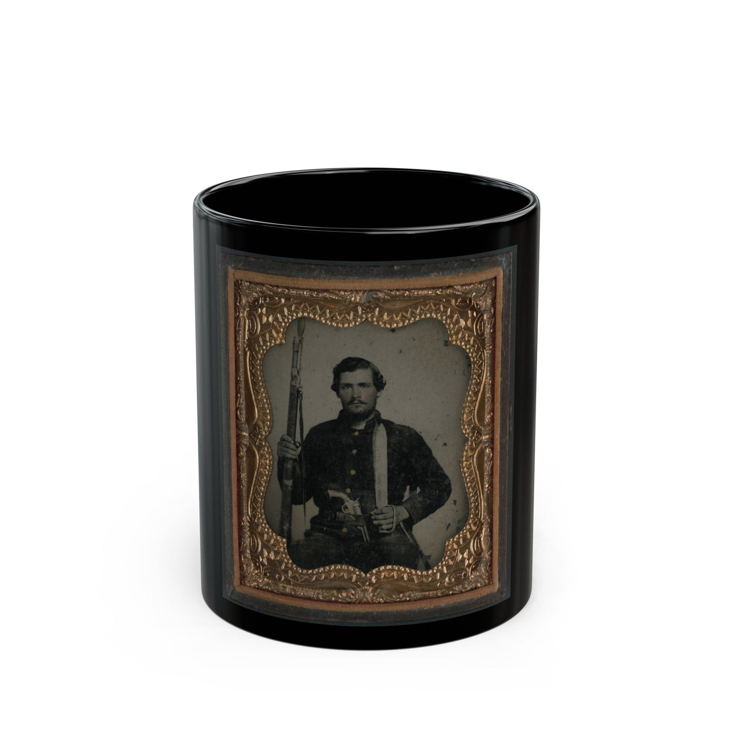 Unidentified Soldier In Confederate Uniform With Musket And Horstman & Sons Sword Bayonet, Pistol, And Bowie Knife (U.S. Civil War) Black Coffee Mug-11oz-The Sticker Space