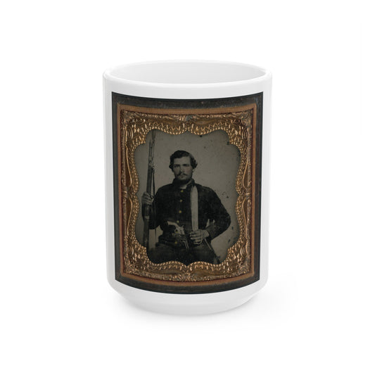 Unidentified Soldier In Confederate Uniform With Musket And Horstman & Sons Sword Bayonet, Pistol, And Bowie Knife (U.S. Civil War) White Coffee Mug-15oz-The Sticker Space