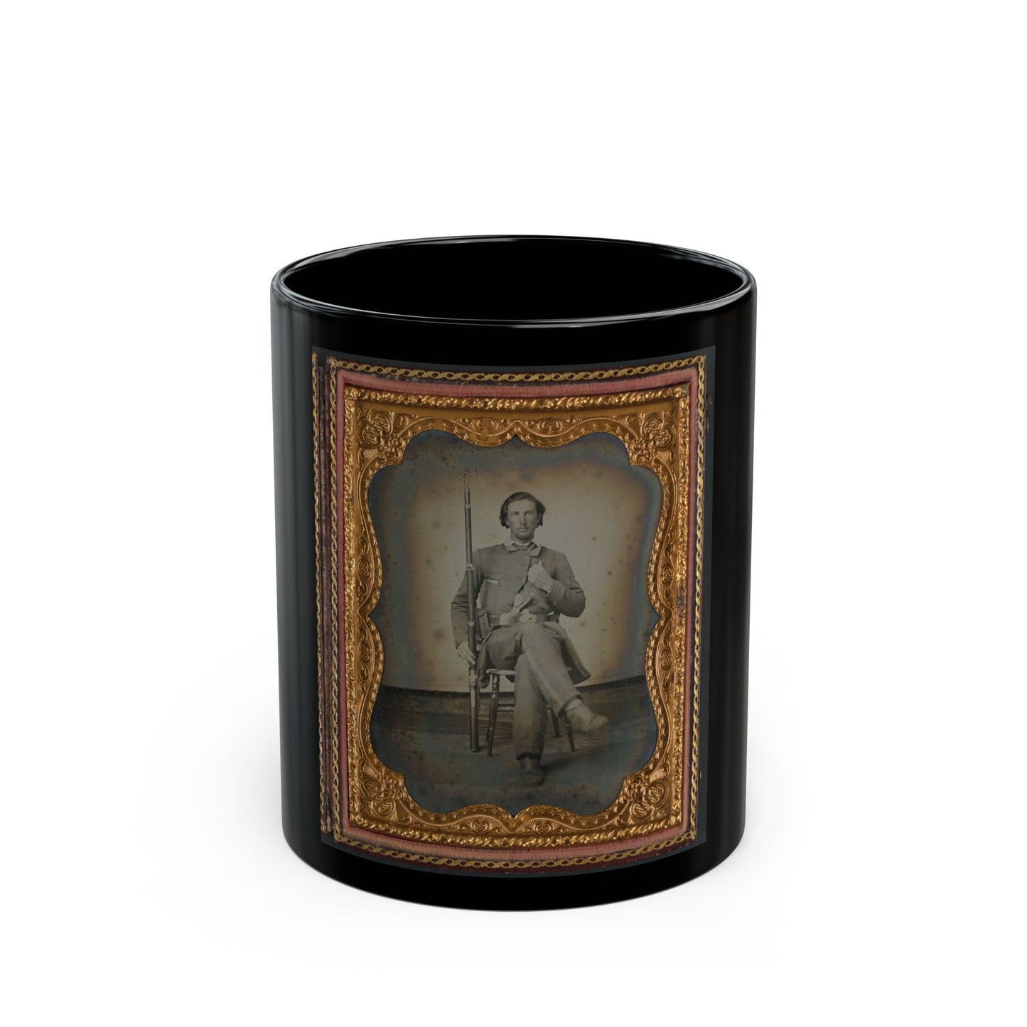 Unidentified Soldier In Confederate Uniform With Musket And Knife (U.S. Civil War) Black Coffee Mug-11oz-The Sticker Space