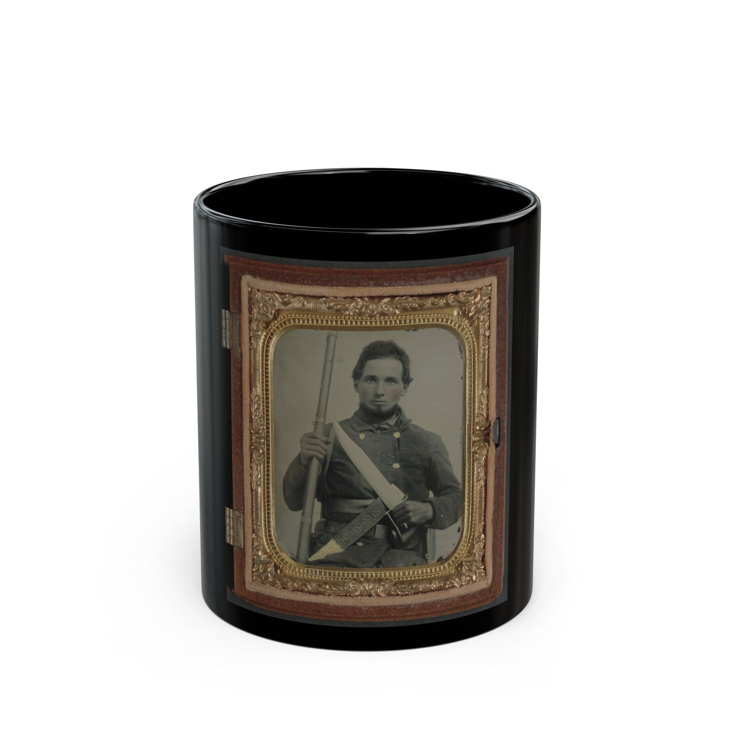 Unidentified Soldier In Confederate Uniform With Musket, D Guard Bowie Knife, And Engraved Knife Sheath (U.S. Civil War) Black Coffee Mug-11oz-The Sticker Space