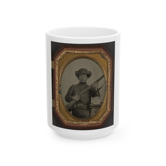 Unidentified Soldier In Confederate Uniform With Musket, Knife, And Sign Reading Victory Or Death! Atop Two Books (U.S. Civil War) White Coffee Mug-15oz-The Sticker Space