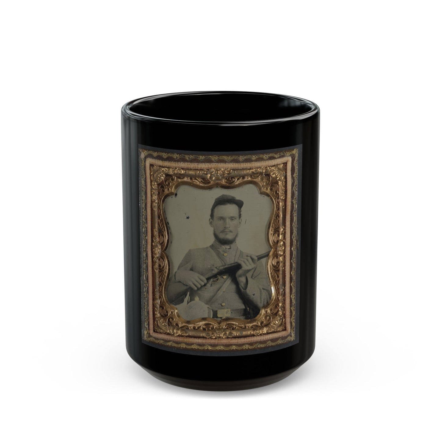 Unidentified Soldier In Confederate Uniform With Percussion Shotgun And Two Canteens (U.S. Civil War) Black Coffee Mug-15oz-The Sticker Space