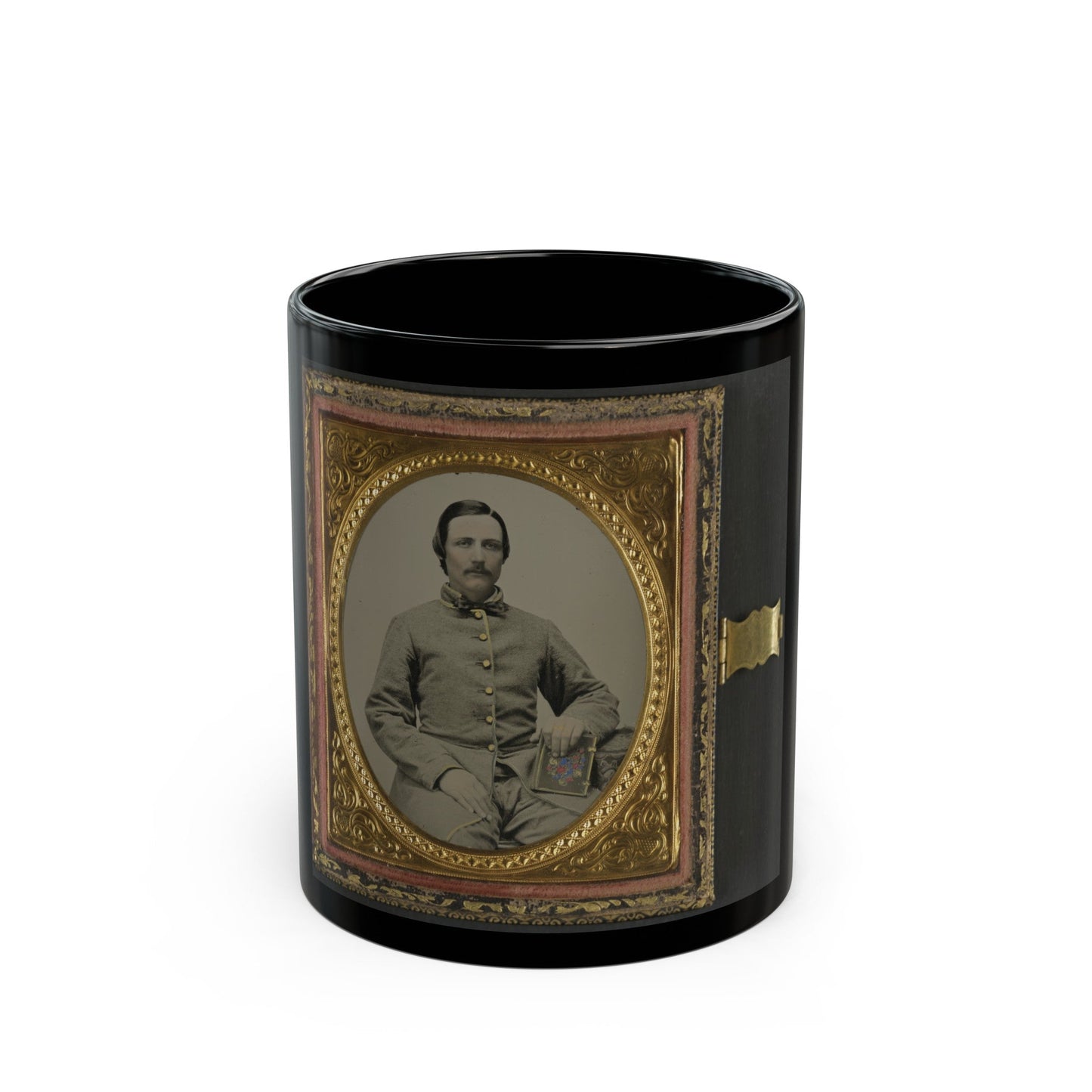 Unidentified Soldier In Confederate Uniform With Photograph Case (U.S. Civil War) Black Coffee Mug-11oz-The Sticker Space