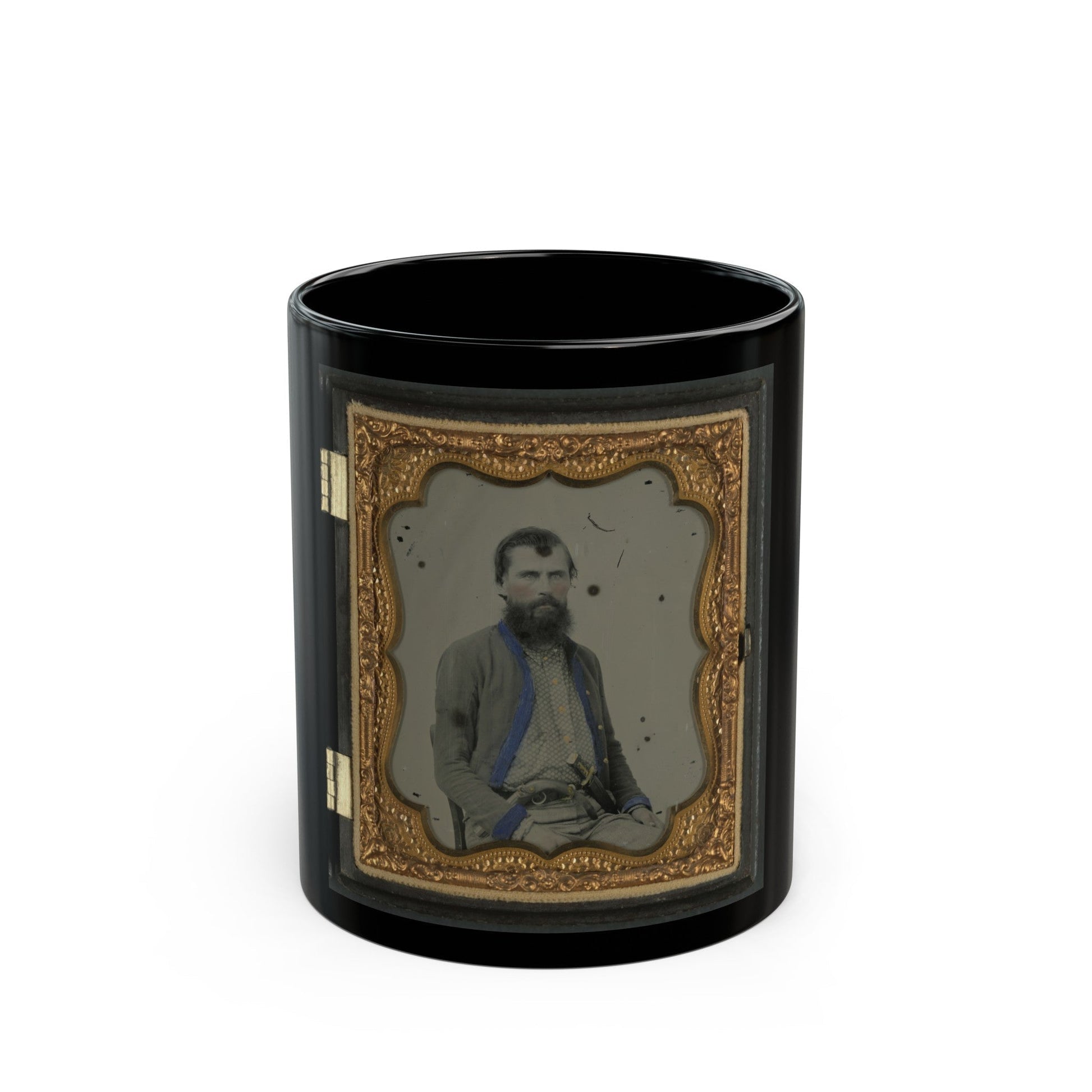 Unidentified Soldier In Confederate Uniform With Pistol And Bowie Knife (U.S. Civil War) Black Coffee Mug-11oz-The Sticker Space