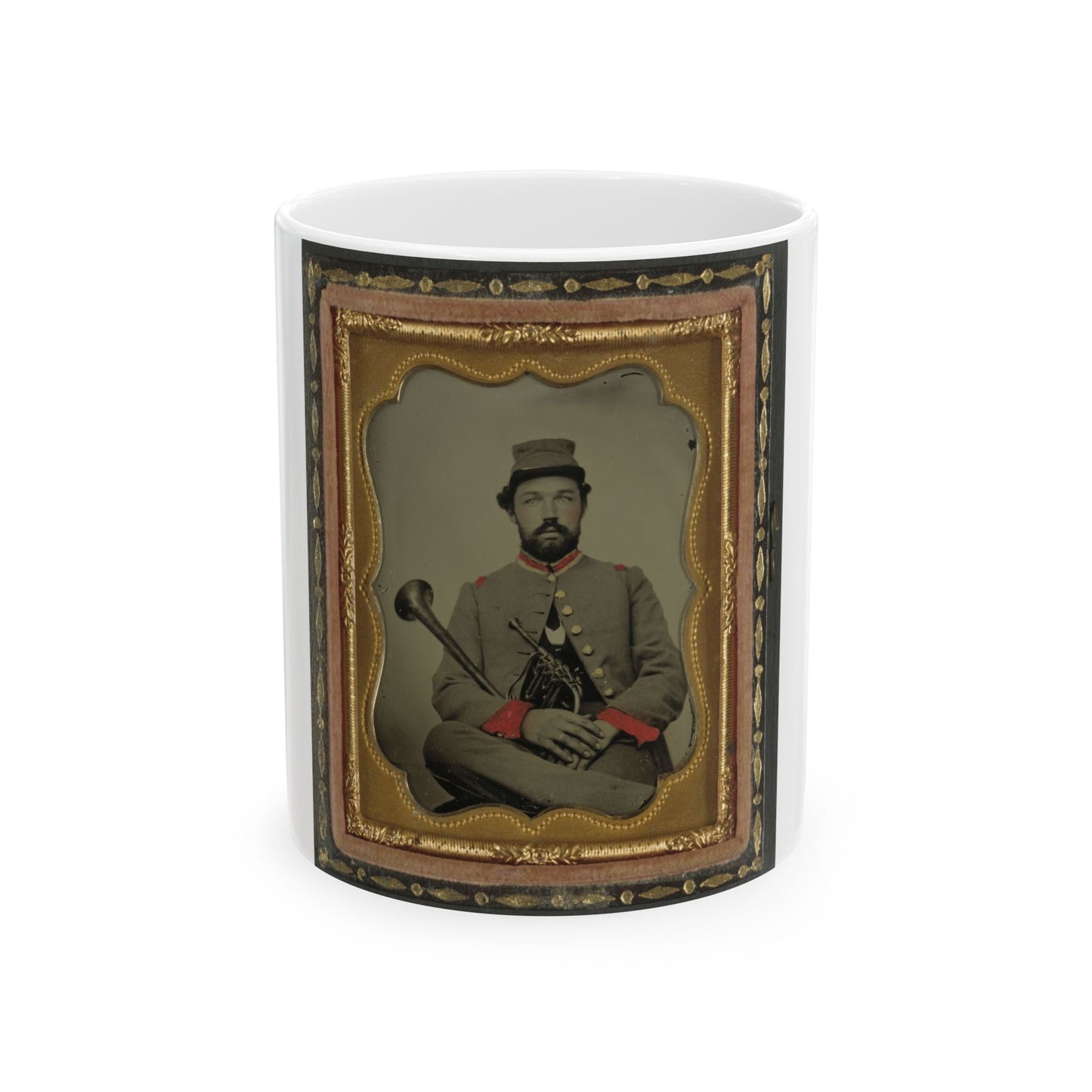 Unidentified Soldier In Confederate Uniform With Saxhorn (U.S. Civil War) White Coffee Mug