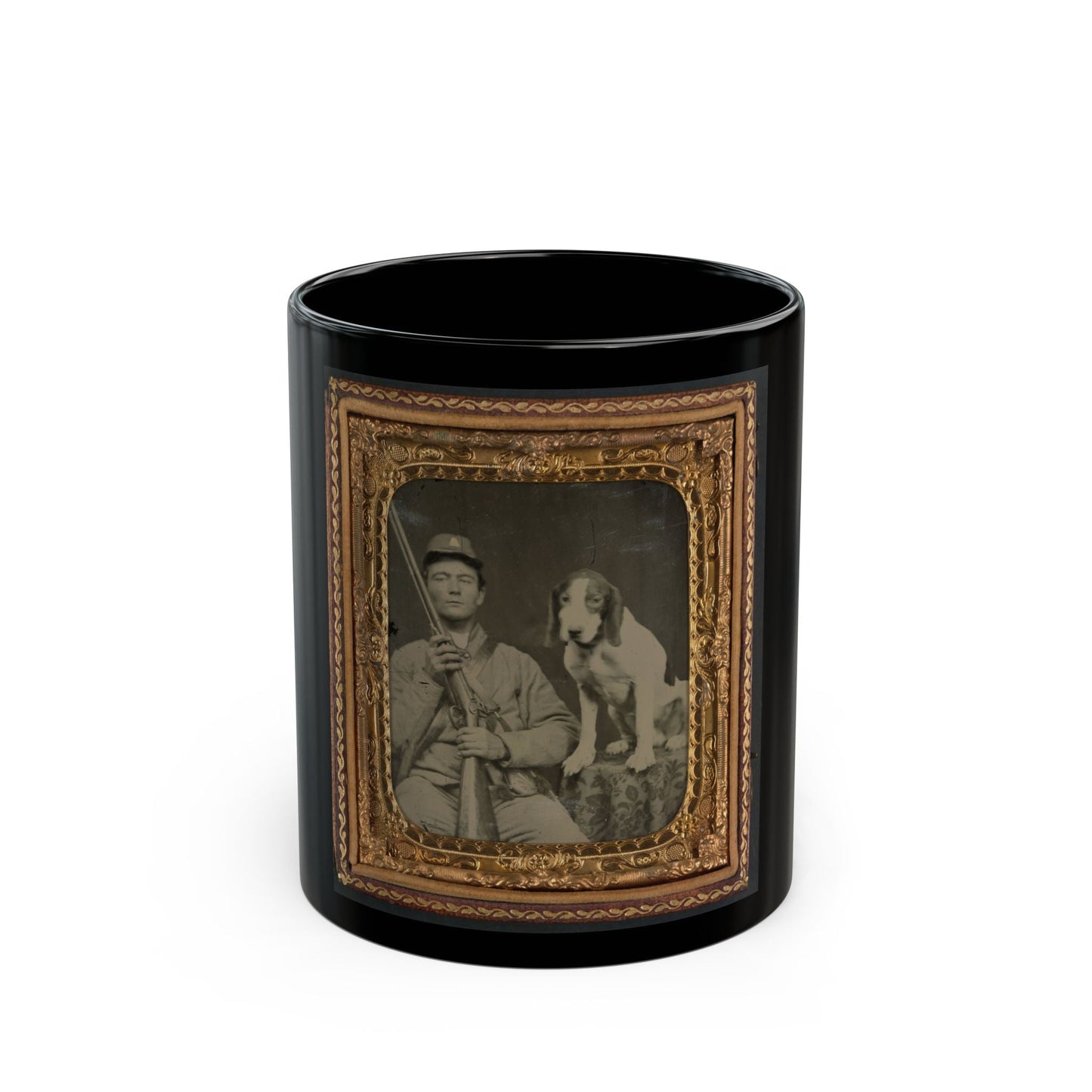 Unidentified Soldier In Confederate Uniform With Shotgun Sitting Next To Dog (U.S. Civil War) Black Coffee Mug-11oz-The Sticker Space