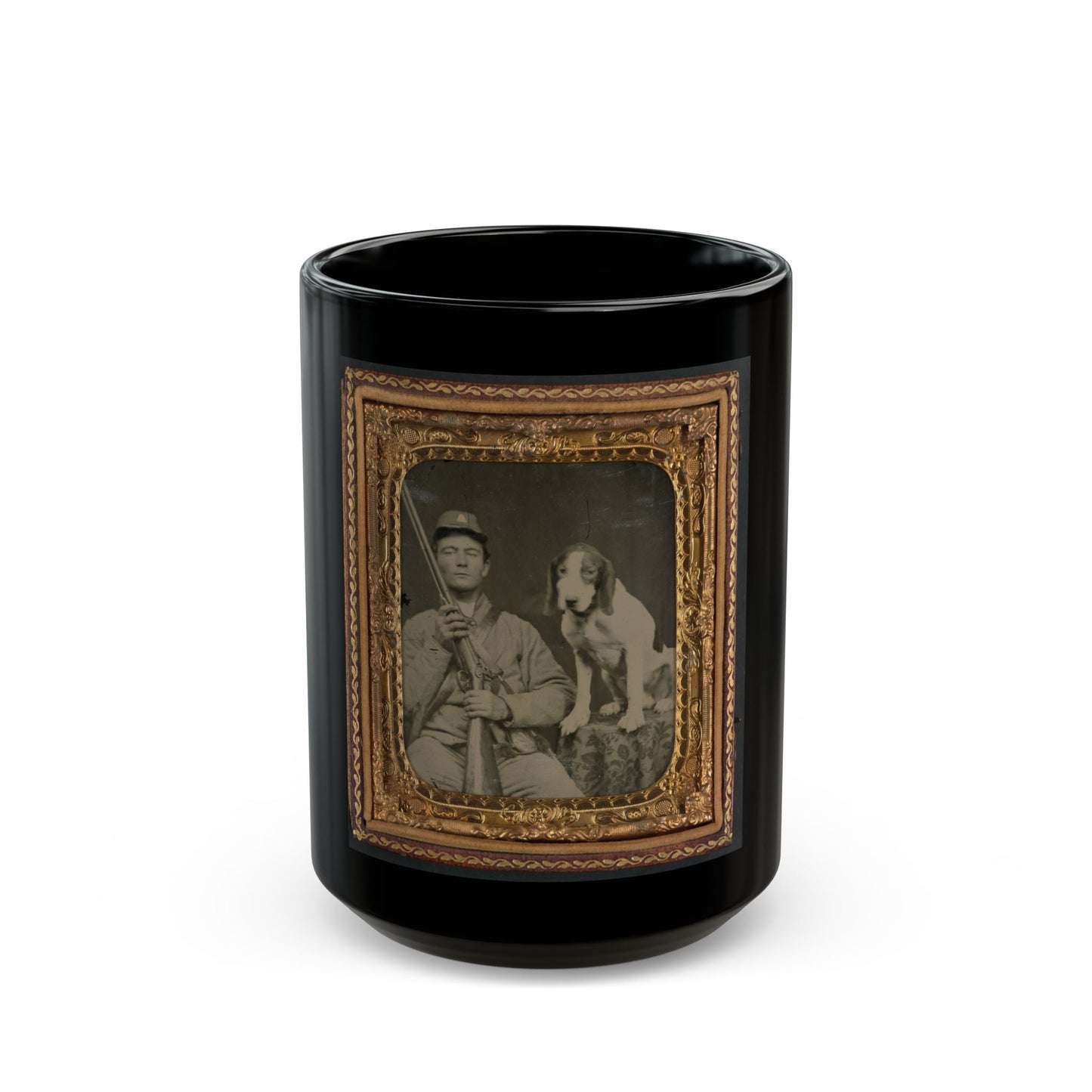 Unidentified Soldier In Confederate Uniform With Shotgun Sitting Next To Dog (U.S. Civil War) Black Coffee Mug-15oz-The Sticker Space